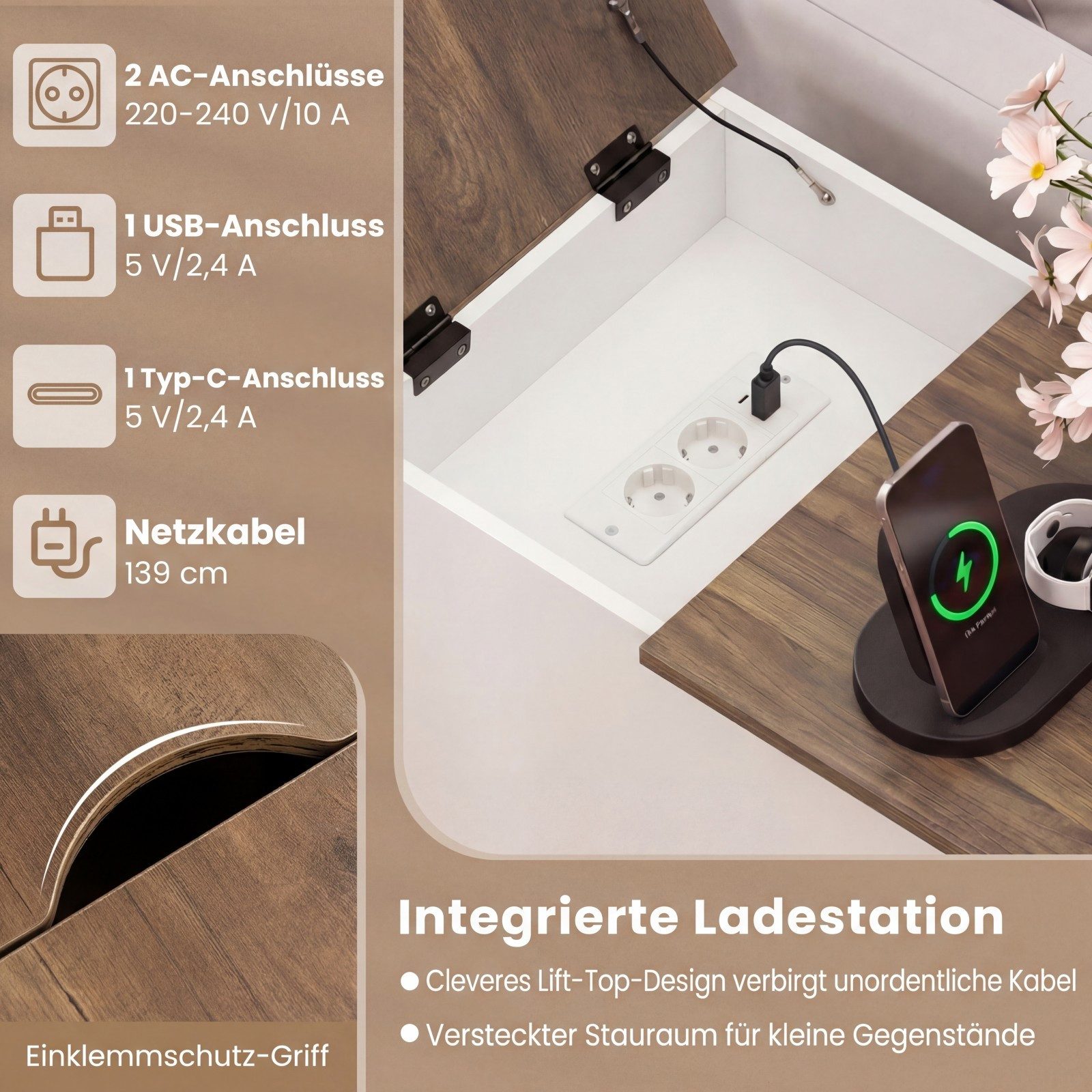 COSTWAY Beistelltisch, Nachttisch mit Ladestation, klappbarer Tischplatte