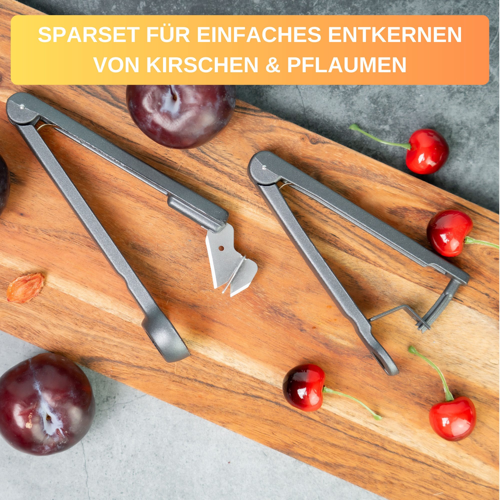 Thiru Entkerner mit robustem sternförmigen Entkernstößel, Kirsch-und Pflaumenentsteiner Set, Made in Germany, Sparset für Kirschen und Pflaumen