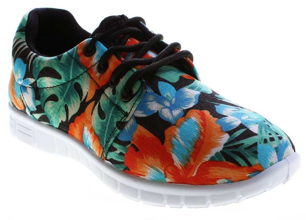 Scandi Damen Sneaker Halb Schuhe leicht flexibel bunt Schnürschuh Leinenschuhe Blumen Muster Bunt Schwarz