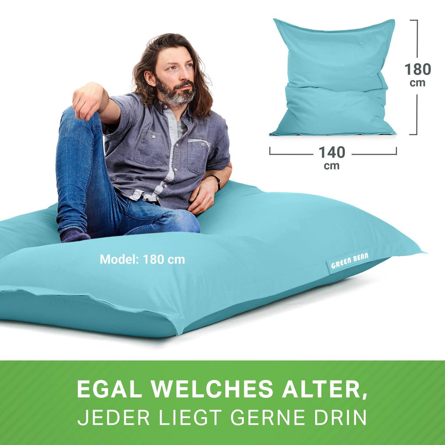 Green Bean Sitzsack XXL Outdoor Sitzsack Square 140x180cm (XXL Riesensitzsack 140x180cm 380 Liter Kinder & Erwachsene Bean Bag EPS Perlen Füllung, Groß Draußen  – Bild 5 von 5