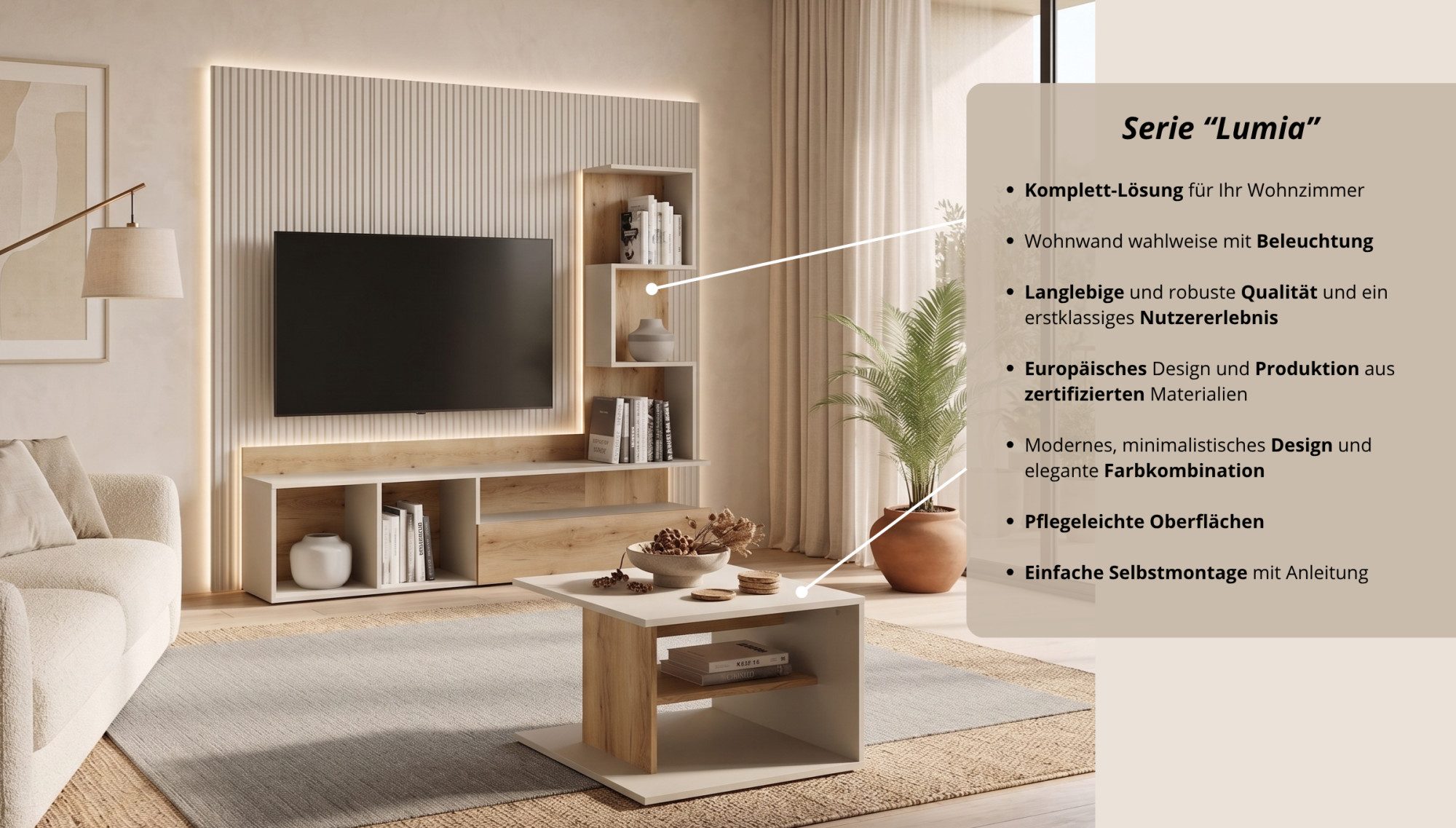 Home affaire Couchtisch LUMIA Kaffeetisch mit viel Stauraum, 60x60cm, modernes Design, Beistelltisch mit Ablagefläche, Kaschmir/Natureiche