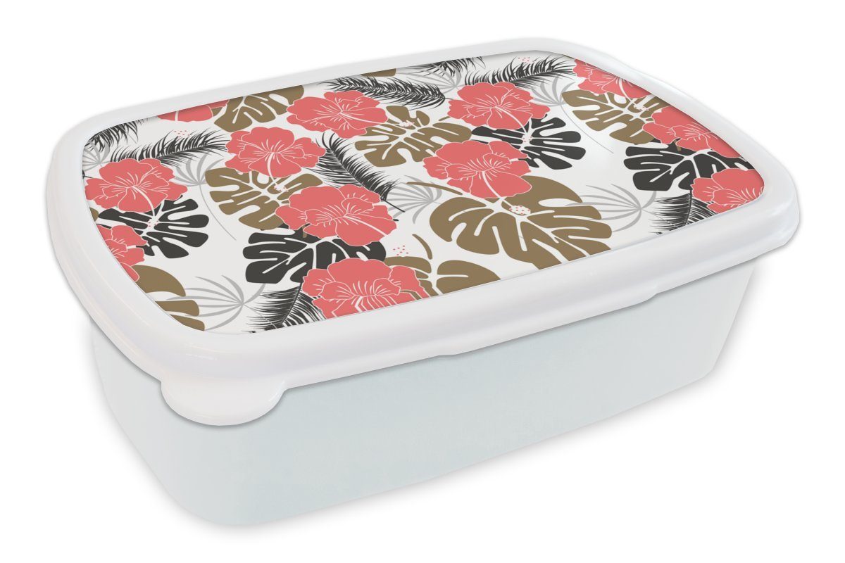 MuchoWow Lunchbox Exotische Pflanzen - Muster - Hawaii, Kunststoff, (2-tlg), Brotbox für Kinder und Erwachsene, Brotdose, für Jungs und Mädchen weiß | Lunchboxen