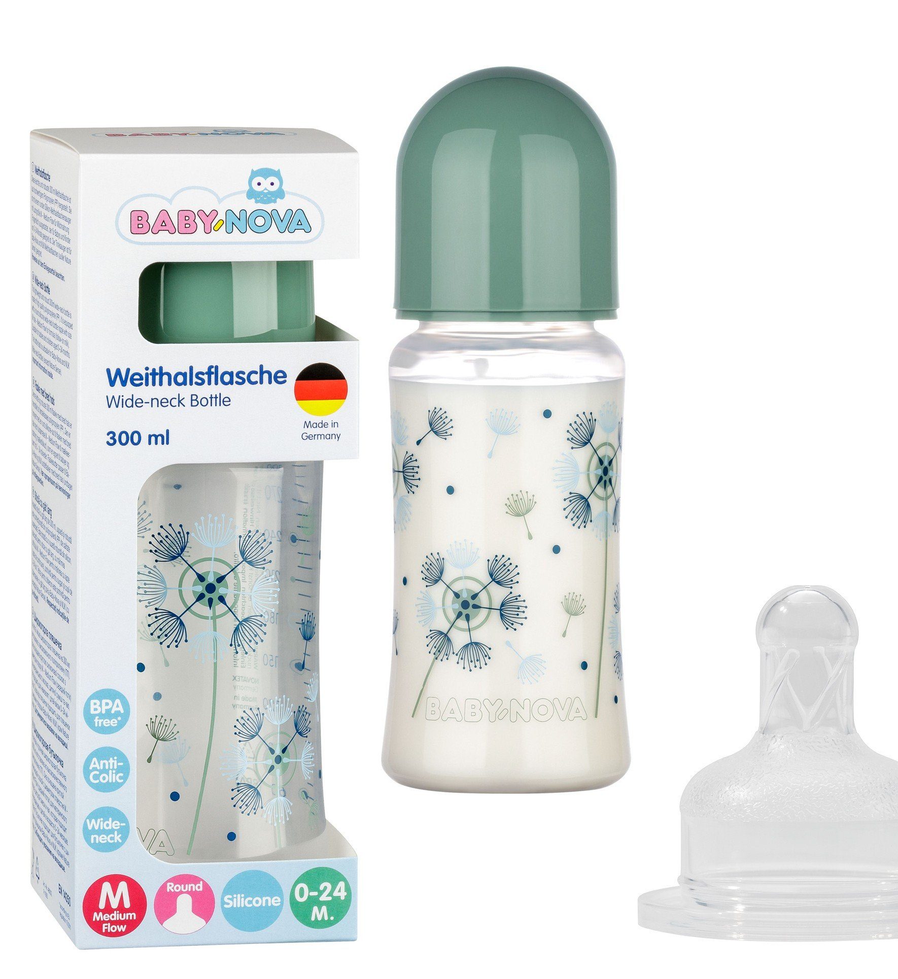 Baby-Nova Babyflasche Weithals Flasche mit rundem Silikon Sauger 0-24 M, Anti-Kolik Petrol