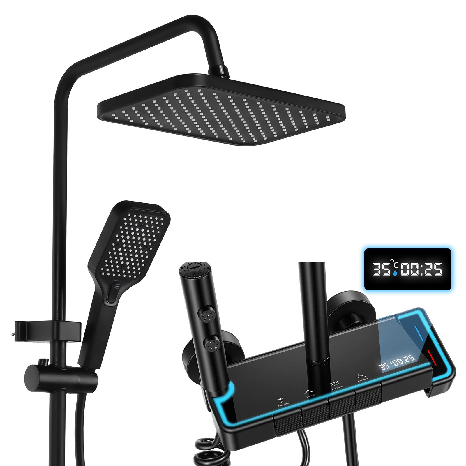 oyajia Duschsystem Duschsystem Schwarz mit LED-Panel,4 Wasserauslässen,Kalt-Heiß-Regelung, 4 Strahlart(en), 95–115 cm höhenverstellbar mit 29 x 19 cm Regendusche