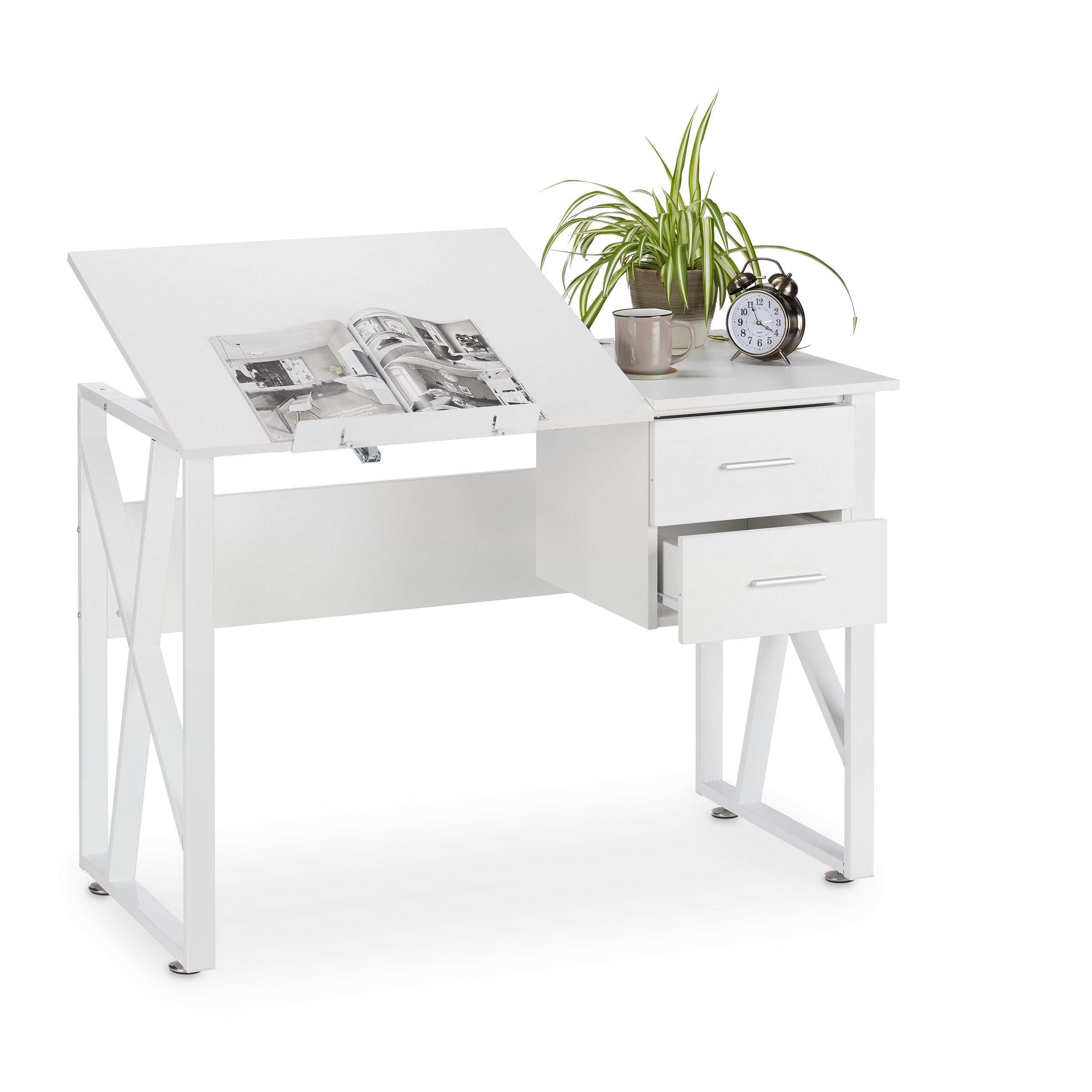 relaxdays Schreibtisch Schreibtisch neigbar, Weiß / Weiß