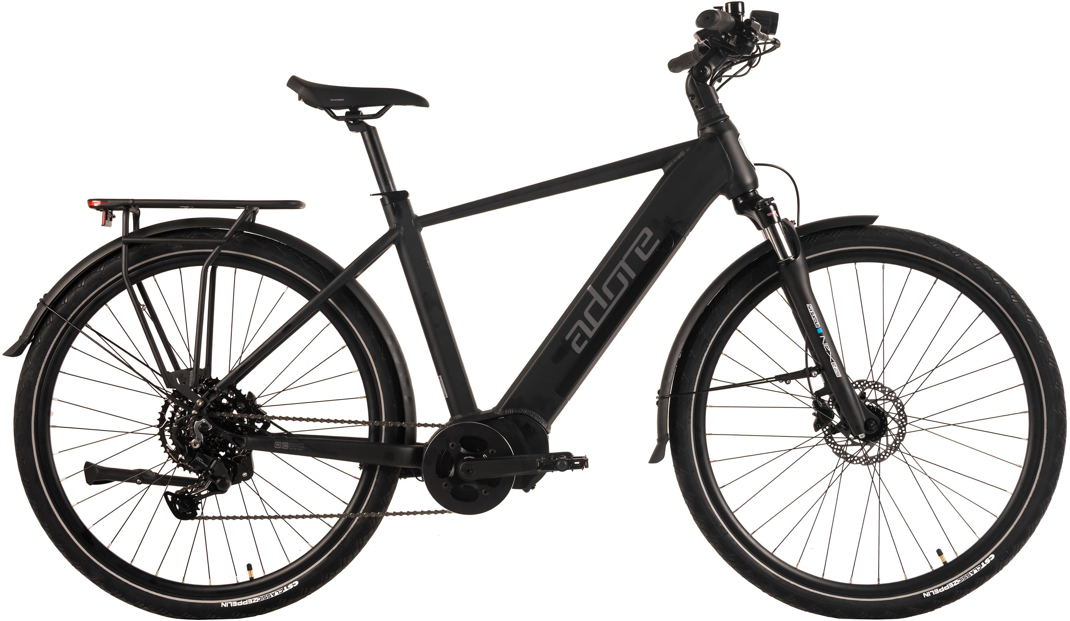 Adore E-Bike Trekkingrad 28" Alu Trekking E-Bike ATX-390 Mittelmotor 85NM / 15Ah Schwarz matt, 9 Gang Shimano Cues Schaltwerk, Kettenschaltung, Mittelmotor, 540 Wh
