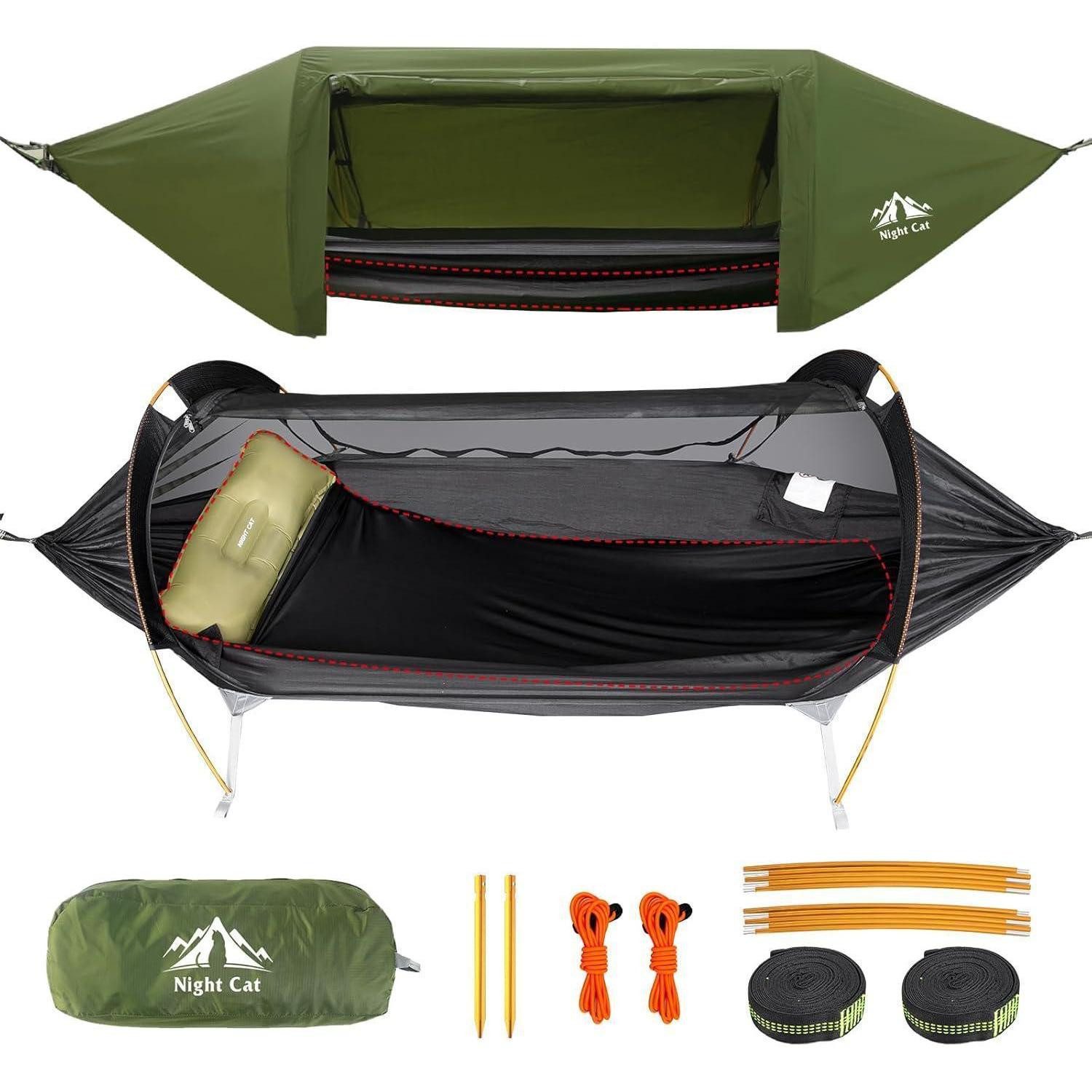 Hängezelt Hängematte Zelt Moskitonetz Regenfliege 1 Person Camping Grün Pro