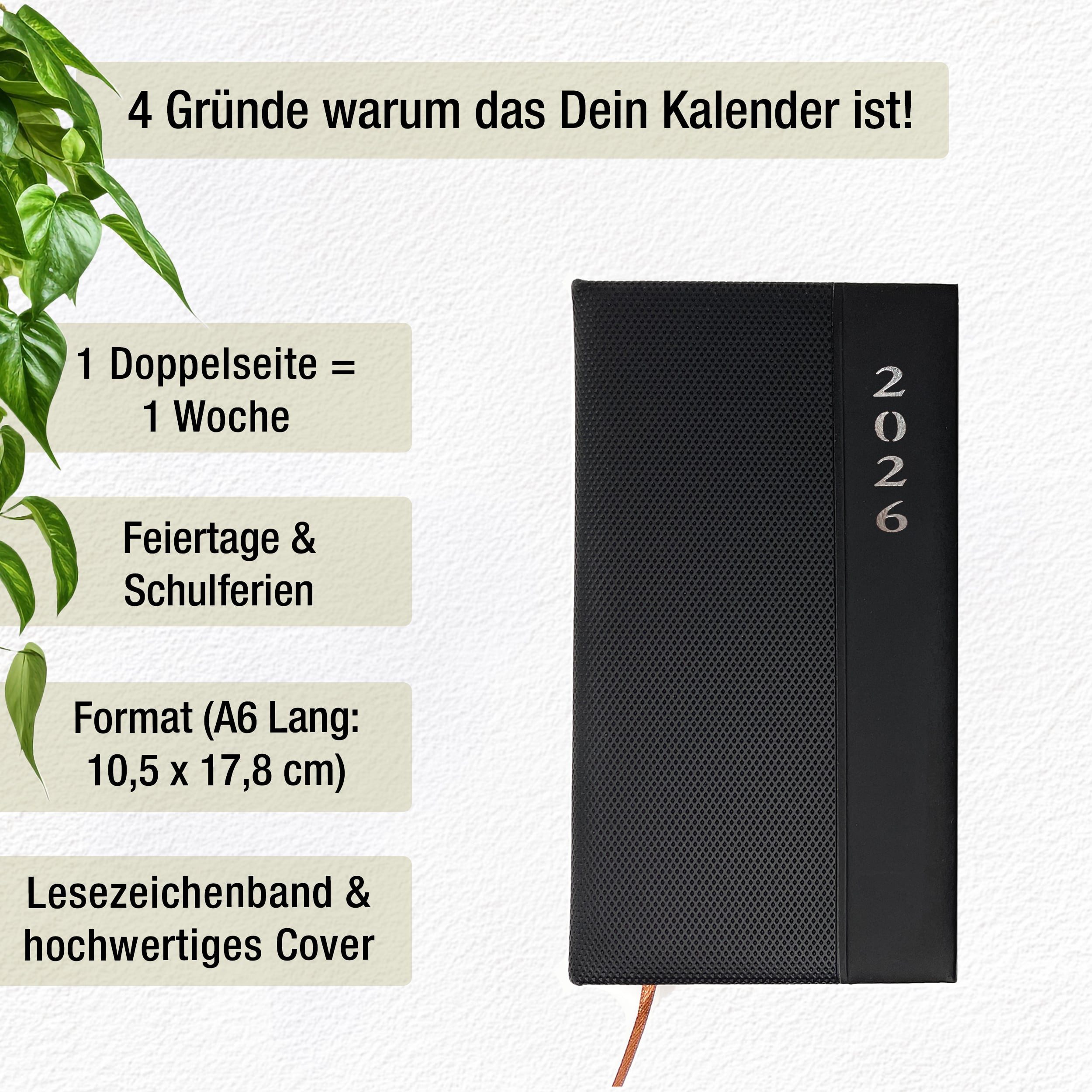 Thumbnail - AMLI Taschenkalender Kalender 2026 A6+ Lang Schwarz Taschenkalender, Softtouch Oberfläche, 1 Woche 2 Seiten, Kompakter D...