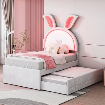 HAUSS SPLOE Polsterbett 90 x 200 cm mit Kopfteil in Hasenform (Einzelbett mit ausziehbarem Bett und 3 Schubladen), Kinderbett mit LED-Licht