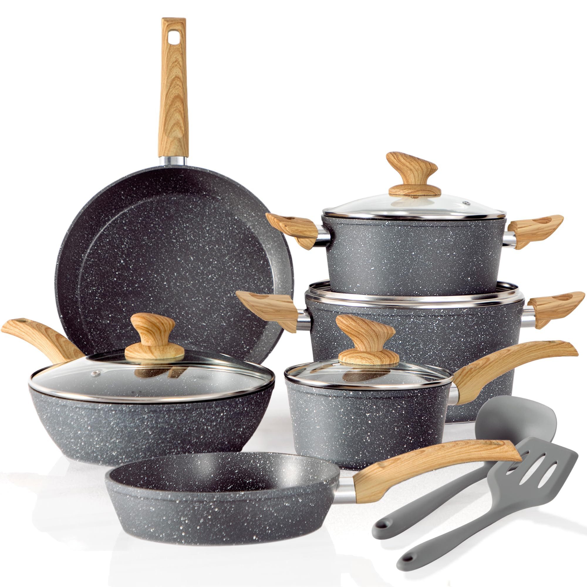 Kitchen Academy Topf-Set, Aluminium, Granit (12-tlg, Pfanne 20cm/28cm, Bratpfanne mit Deckel 24cm, Stielkasserolle mit Deckel 17cm/20cm/24cm, 2 Silikonspatel), Induktion Töpfe Set 12-teilige Granit Kochtöpfe Set