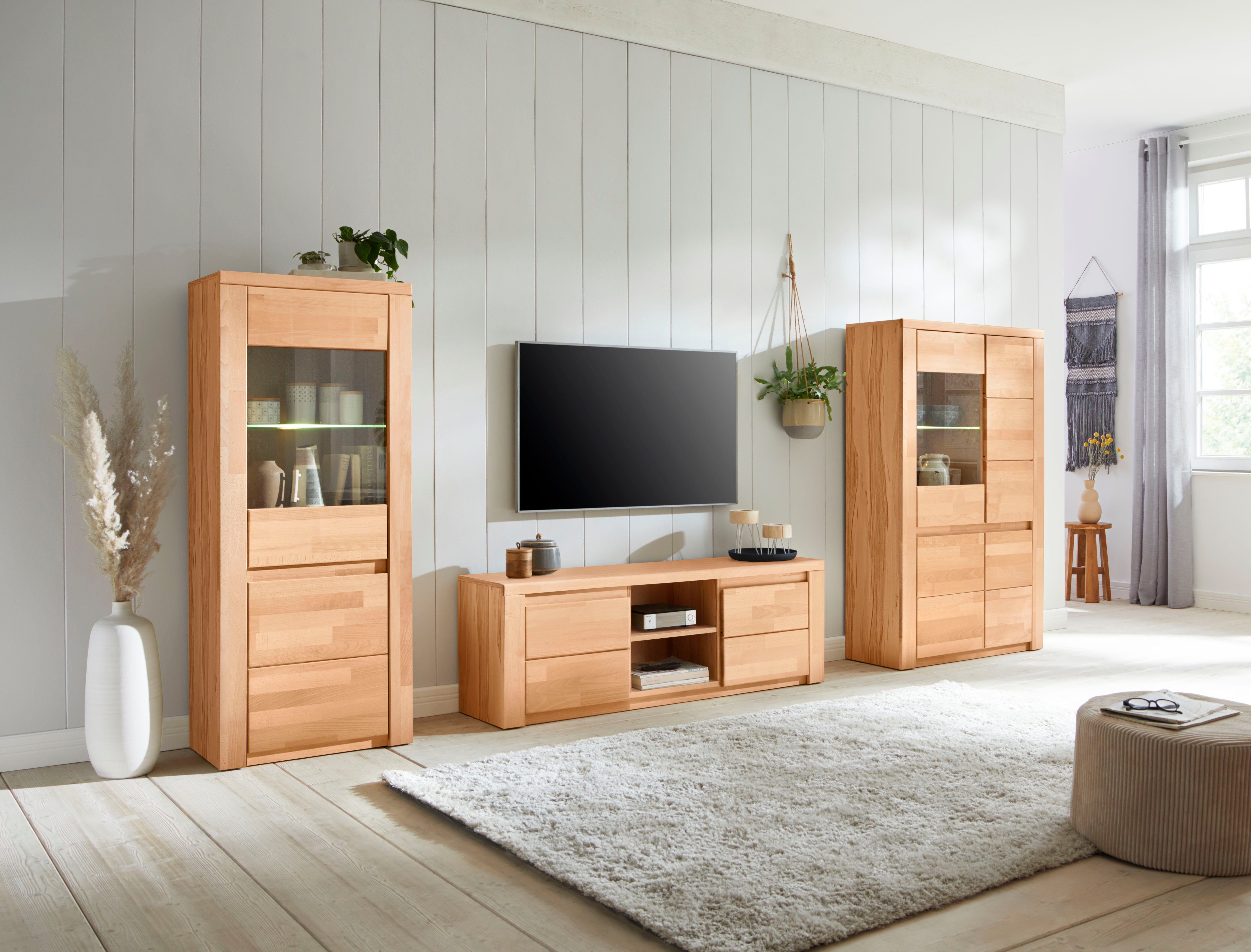OTTO home Wohnwand BURANO 3-teilig, Lowboard mit Kabeldurchführung, 290cm Breite, (Set, 3-St), Fronten aus Massivholz, Korpus aus Melamin, verstellbare Einlegeboden