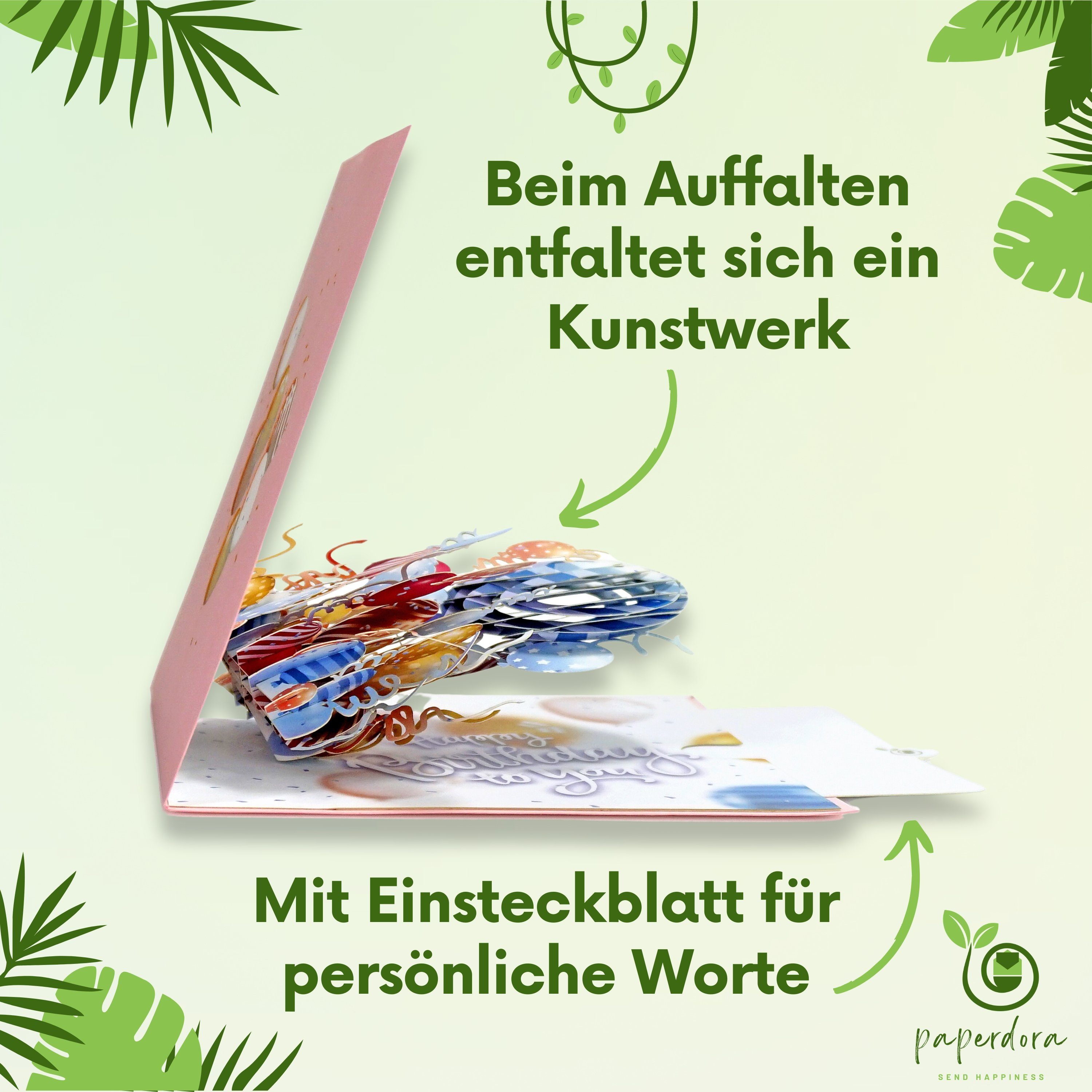 paperdora Geburtstagskarte 3D Pop-Up-Karte „Geburtstag“ mit Umschlag und Wachssiegel - Grußkarte, Geburtstag Geschenk