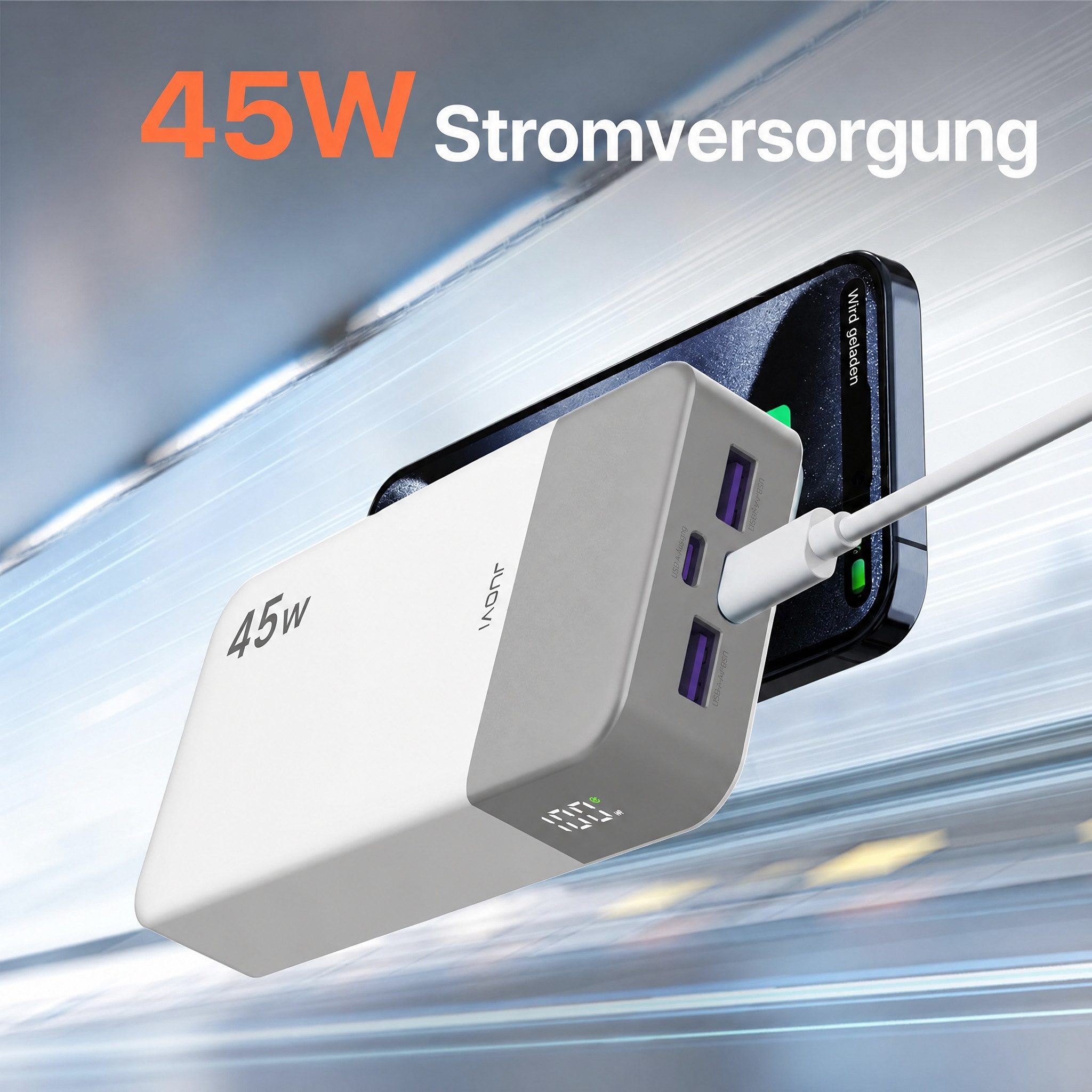 JUOVI Power Bank 45W 20000mAh USB C Schnellladegerät PD QC Fast Charging Powerbank, 4-Port (2C+2A) LED Display, für iPhone 15, iPad, MacBook