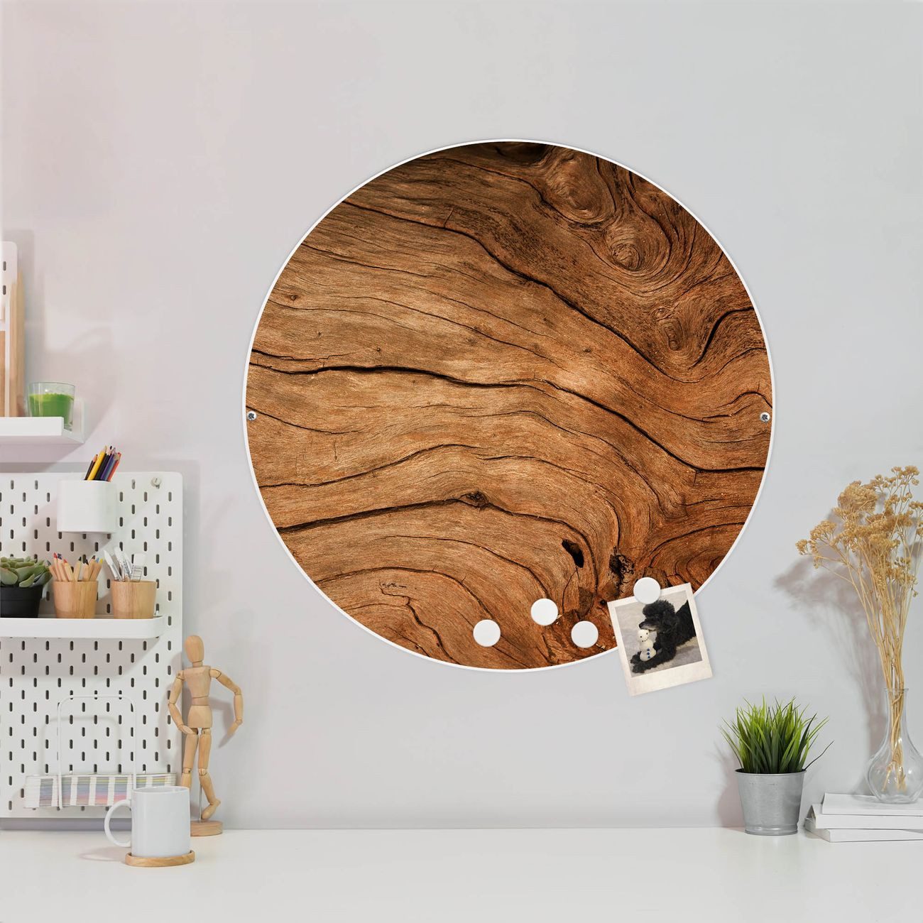 banjado Magnettafel Stahl Rund Trockenes Holz, (inkl. 4 Magnete, Runde Stahlmagnettafel)