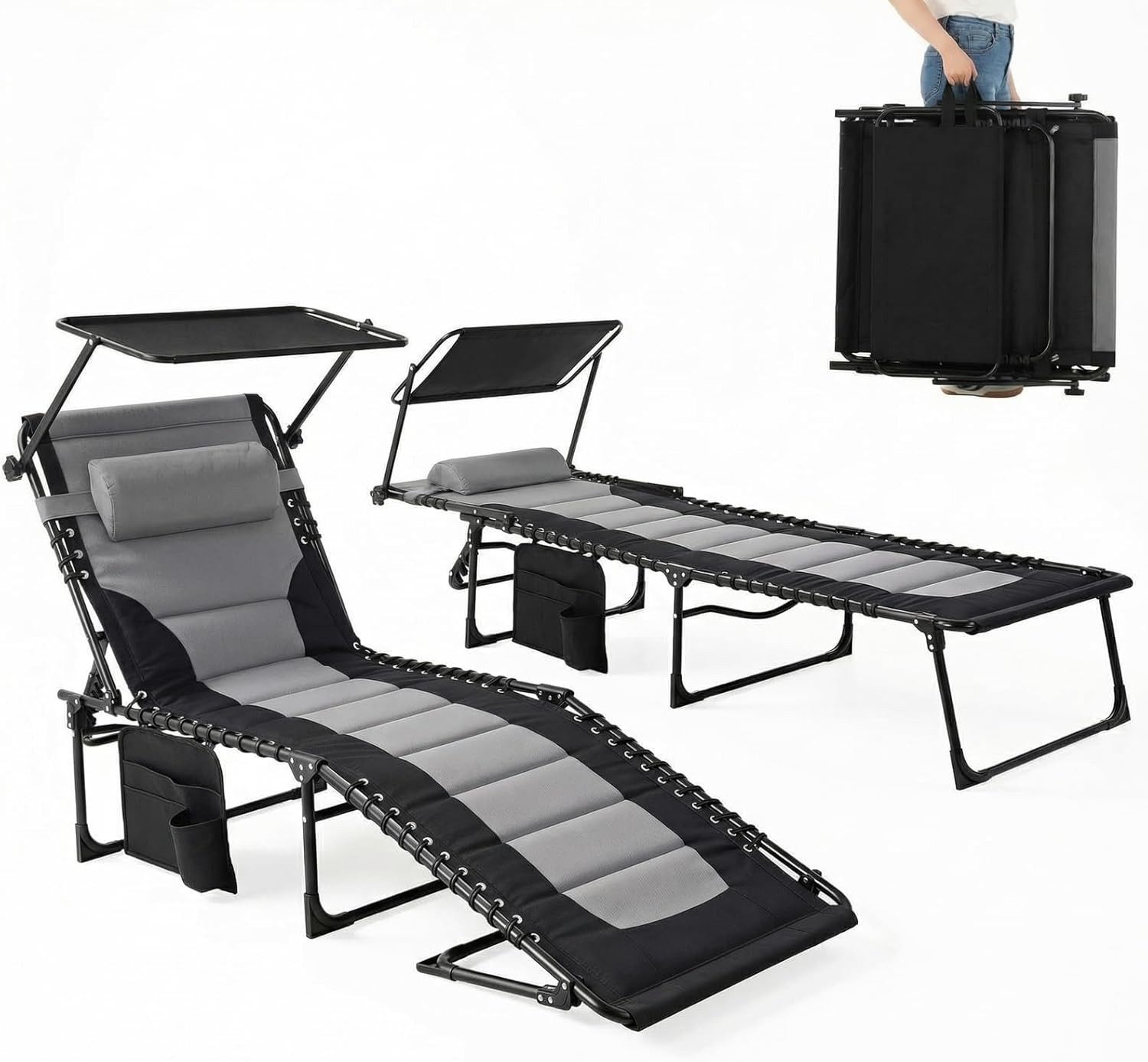 TLGREEN Gartenliege XXL Sonnenliege klappbar mit Dach, 199 × 66 cm extra breit, 2 St., Liegestuhl verstellbar mit 5 Rückenlehnen und 2 Beinpositionen, bis 150 kg belastbar, für Pool, Garten, Camping