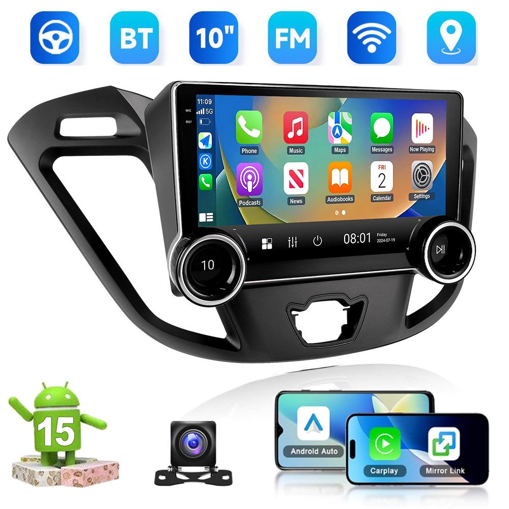 ESSGOO DAB+ 64G Carplay GPS Navi Android 15 Für Ford Transit Custom 2012-2021 Autoradio (RDS, 4+64GB(optional), Digitalradio (DAB), FM, AM, Mirror Link SWC WIFI Apple Carplay Android Auto)