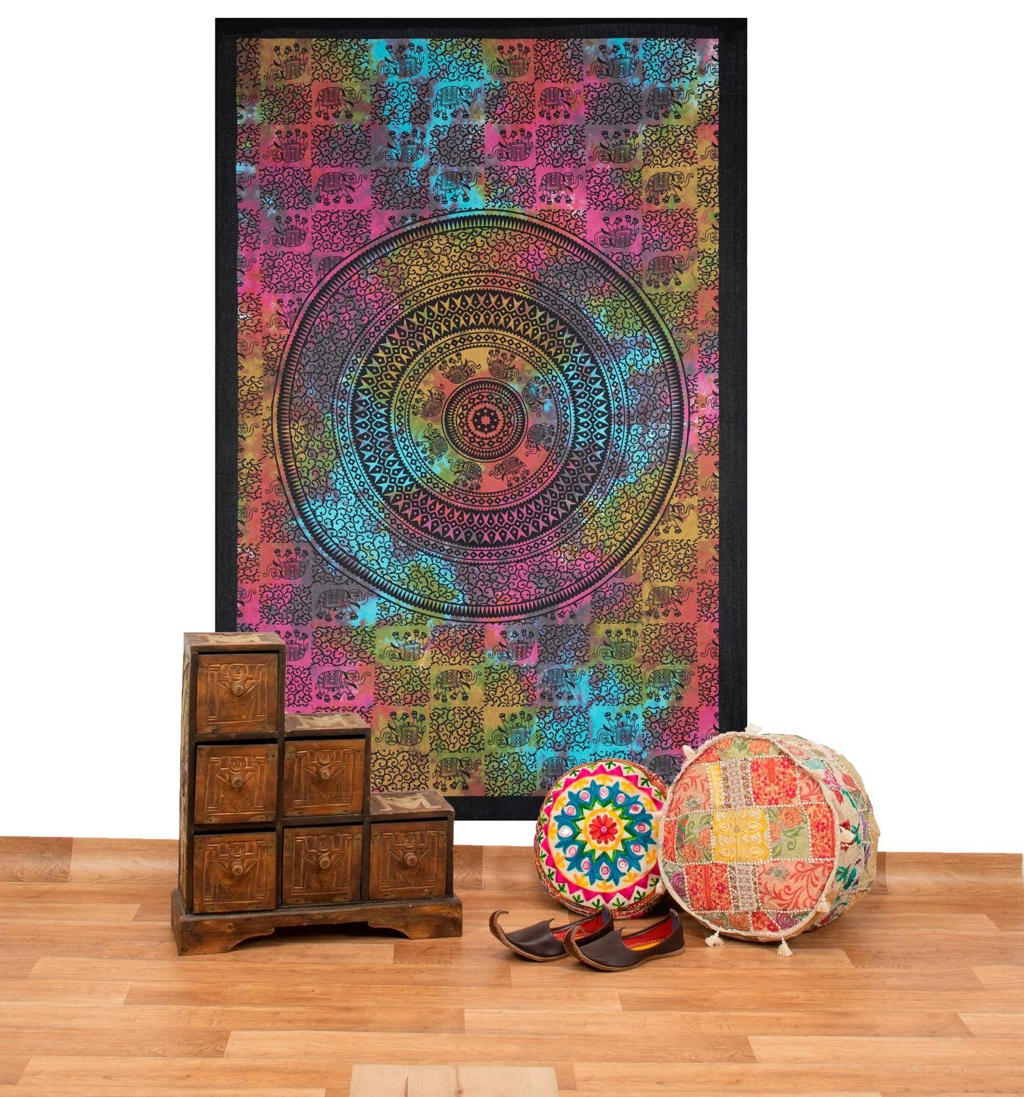 KUNST UND MAGIE Wandteppich Tagesdecke Wandbehang Deko Tuch Elefant Mandala ca 135 x 200cm Boho