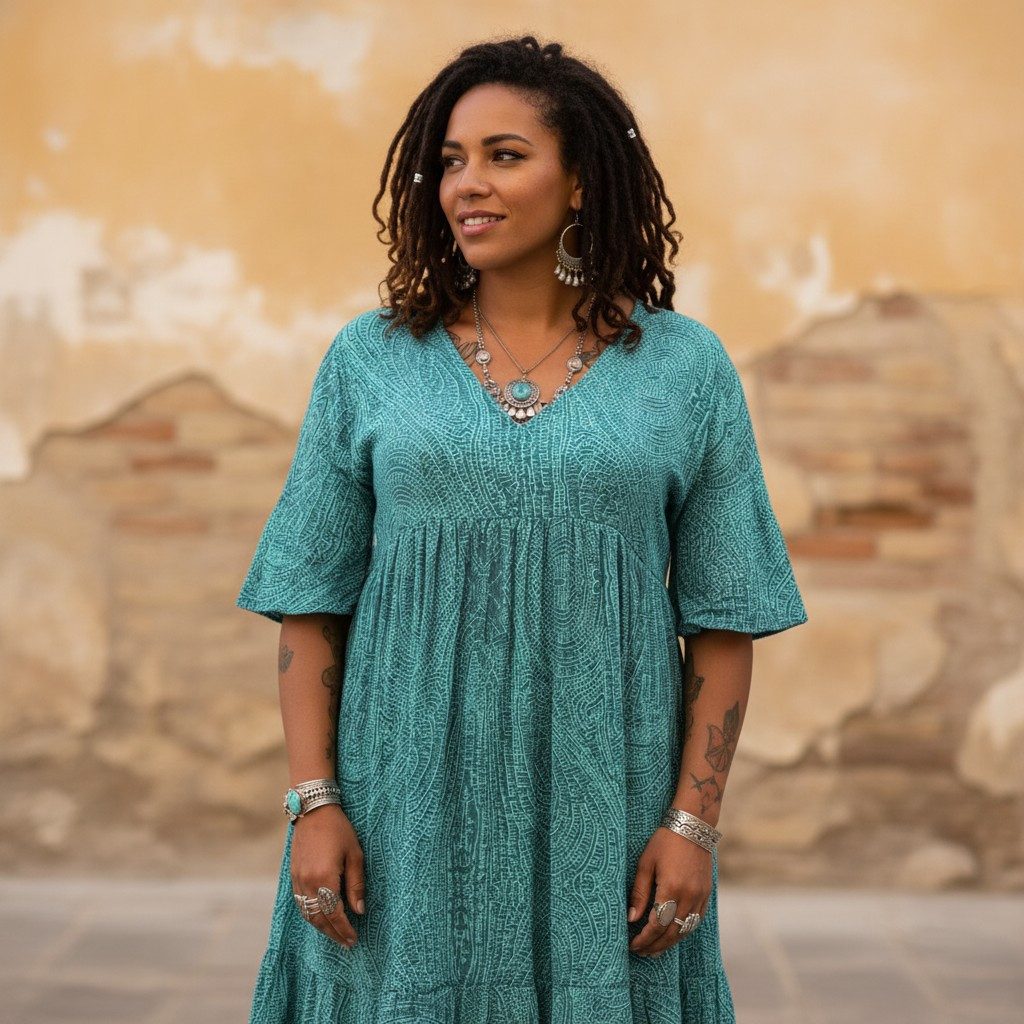 Guru-Shop Midikleid Boho Kurzarm Sommerkleid, Maxikleid,.. alternative Bekl günstig online kaufen