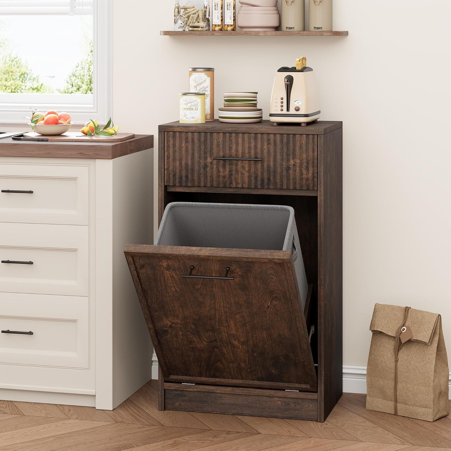 GarveeMore Sideboard Küchenschrank mit Kippfach für Mülleimer,hundesicherer Müllschrank, Mülleimer-Schrank Holz für Küche, Ess- und Wohnzimmer