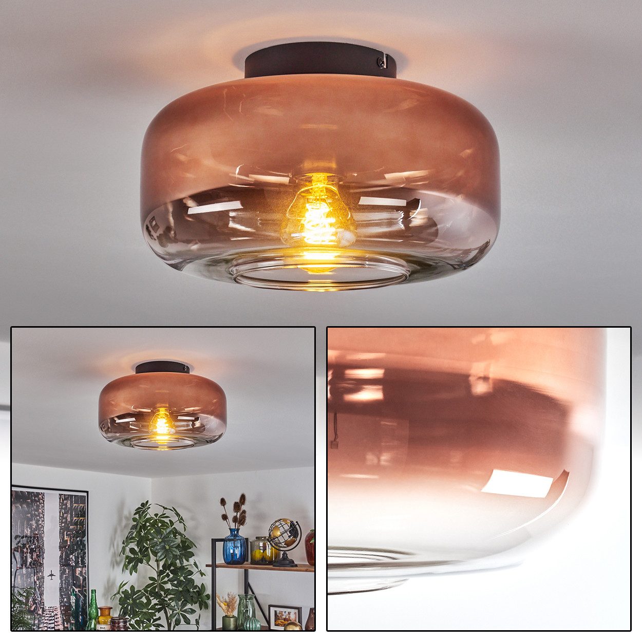hofstein Deckenleuchte Deckenlampe aus Metall/Glas in Schwarz/Kupferfarben/Klar, ohne Leuchtmittel, Retro/Vintage, mit Glasschirm (28cm), 1x E27, ohne Leuchtmittel