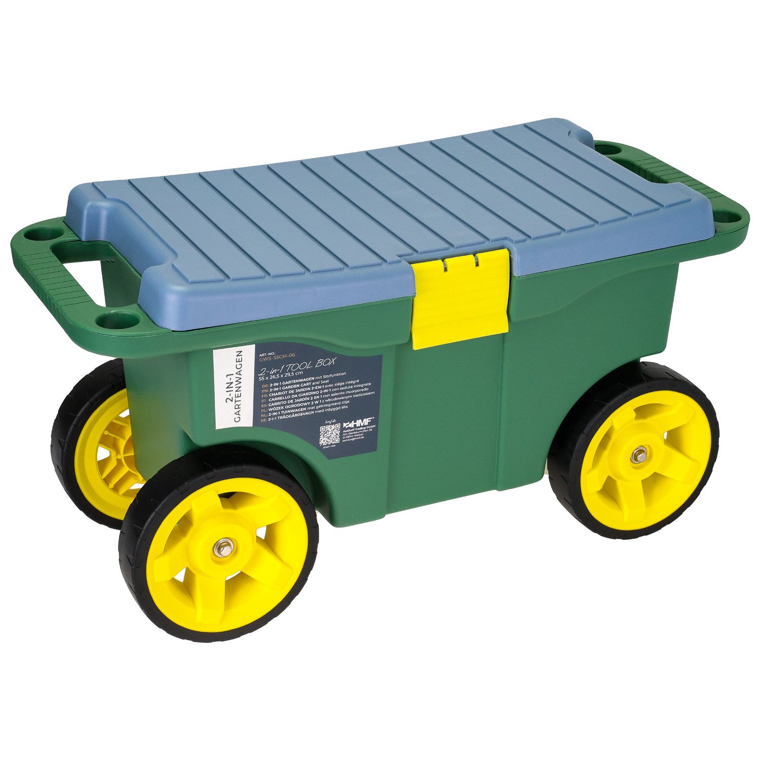 HMF Rollsitz 2-in-1 Gartenwagen mit Sitz und Stauraum, Gartenhocker mit großen, Rollen, Rollsitz für Gartenarbeit bis 100 kg, 55 x 26,5 x 29,5 cm Grün