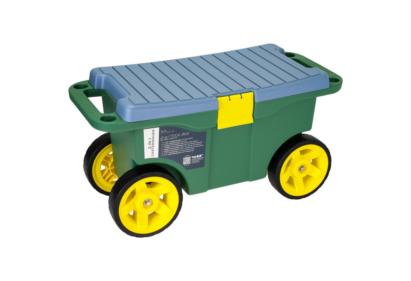 HMF Rollsitz 2-in-1 Gartenwagen mit Sitz und Stauraum, Gartenhocker mit großen, Rollen, Rollsitz für Gartenarbeit bis 100 kg, 55 x 26,5 x 29,5 cm Grün