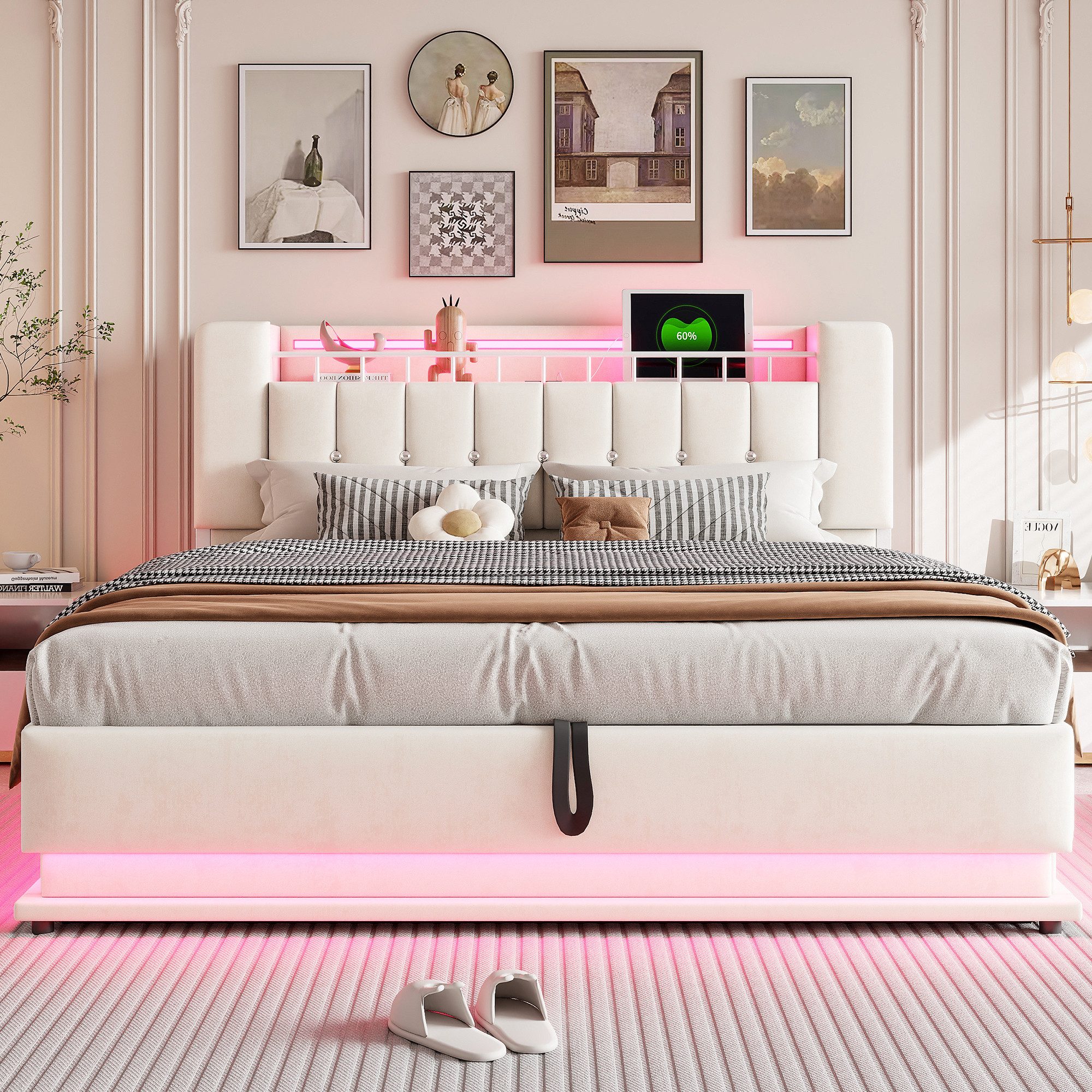 Merax Polsterbett mit LED-Beleuchtung und USB-Anschluss (Metalllattenrahmen & Samtbezug, 1-tlg., Kinderbett Einzelbett Mehrzweckbett Stauraumbett), Doppelbett 1 – Bild 3 von 5