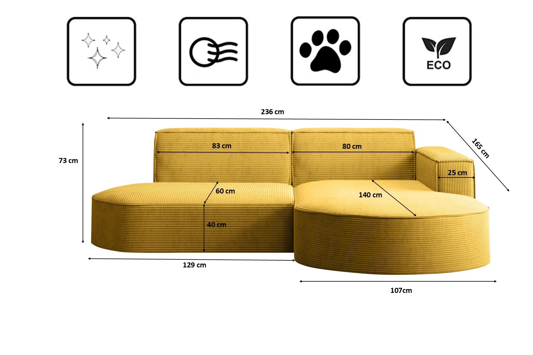 Kaiser Möbel Ecksofa Designer MODENA STUDIO L stoff Cord, Ecksofa, Cord Sofa, L-Form, Links/Rechts wählbar