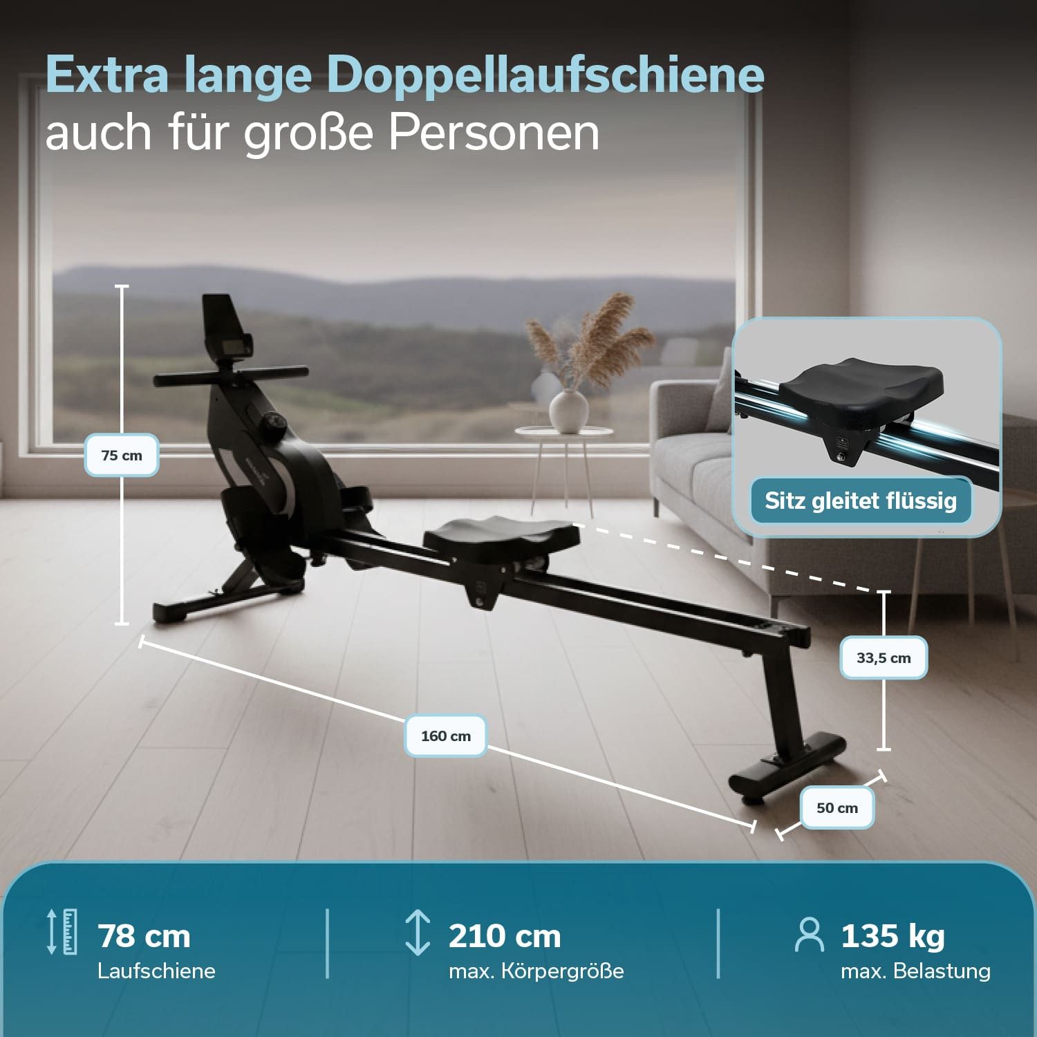 Skandika Rudergerät für Zuhause Venn P5-M, Magnetwiderstand, lange Laufschiene, 16 Stufen (Max. Körpergröße 210 cm, Aufstellfunktion für aufrechte Lagerung), Bluetooth, Kinomap App kompatibel, bis 135 kg, Transportrollen