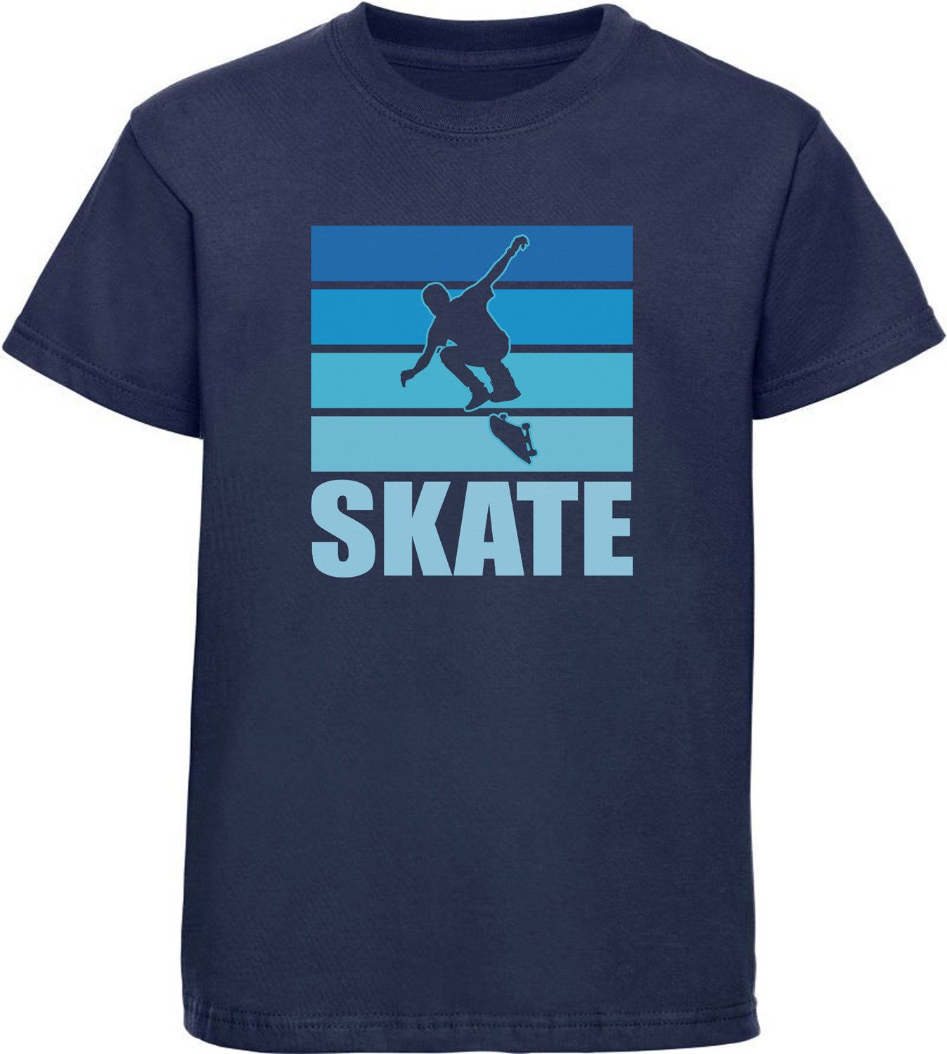 MyDesign24 T-Shirt Kinder Print Shirt Skateboarder Silhouette vor blauem Skate Schriftzug Bedrucktes Jungen und Mädchen Skater T-Shirt i549
