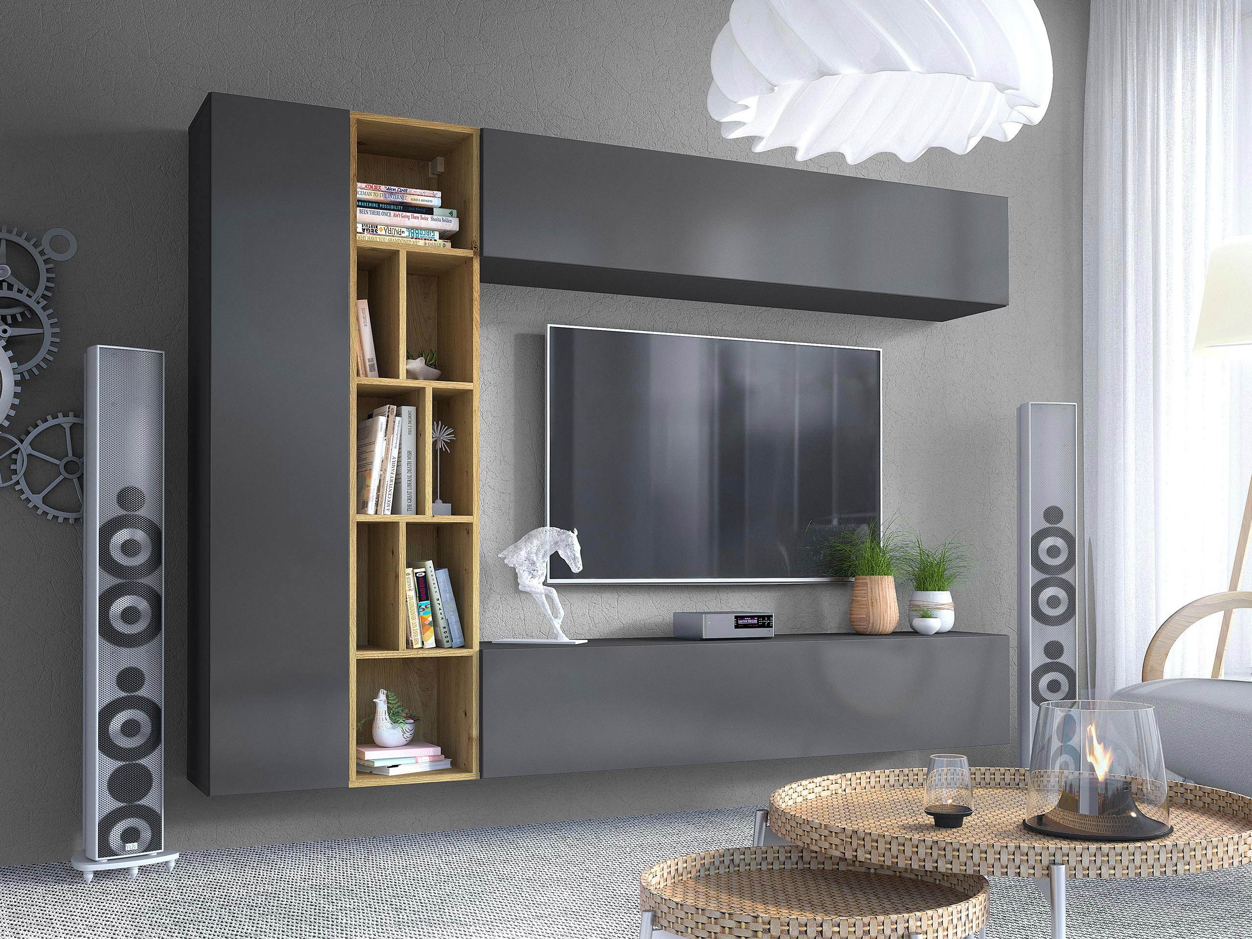 MIRJAN24 Wohnwand Kodita, (Komplett-Set, 3x Hängeschrank, Regal), 224x33x160 cm