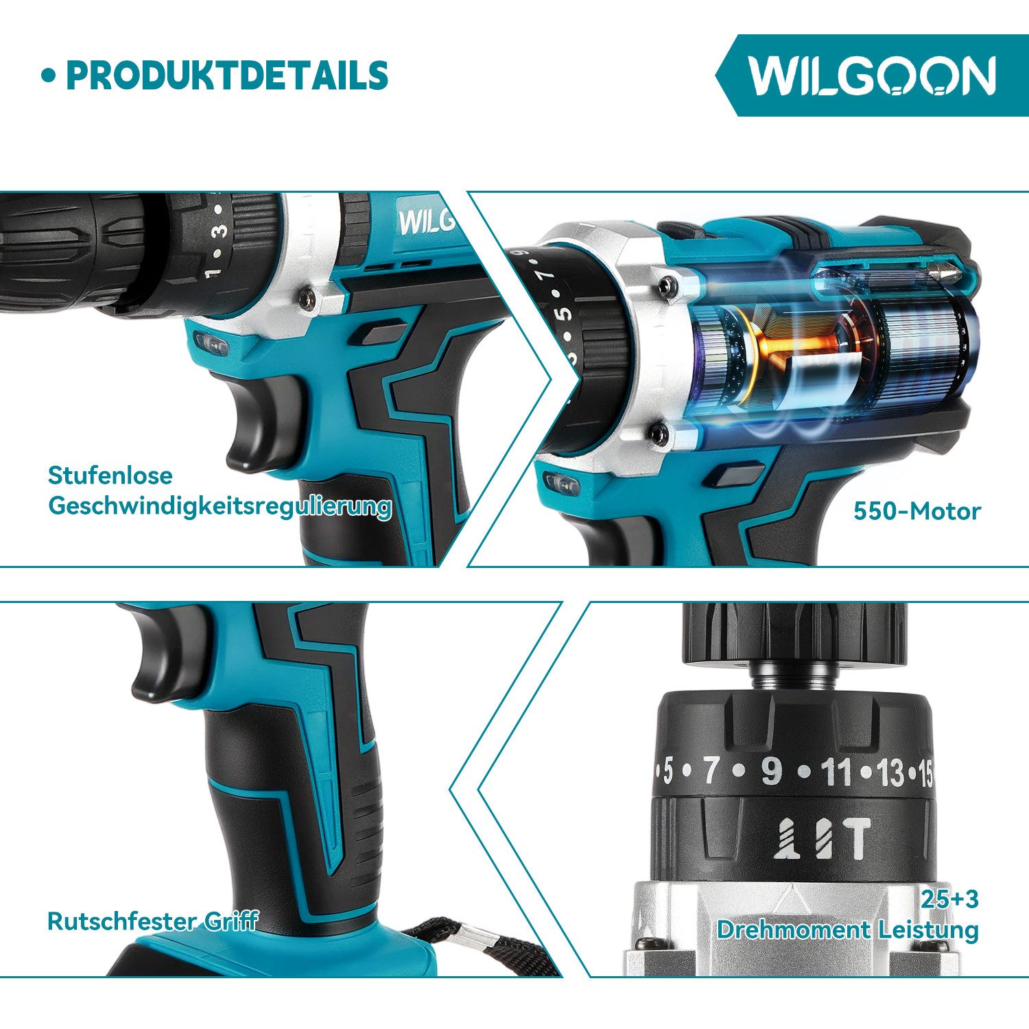 WILGOON Akku-Bohrschrauber Bohrmaschine mit 2000 mAh Doppelakku, 21 V Akkuschrauber, Schnellladen, 220-240 V, max. 1650 U/min, (Set, Drehmoment in 25+3 Stufen, 10mm Bohrfutter, LED-Licht), 3-in-1-Design, 24 Zubehörset, Leicht & Stark Für Reparatur & DIY
