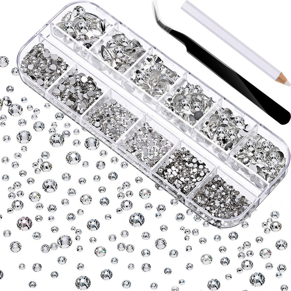 AFKSMILE Nageldesign Zubehör Klare Strasssteine flache Rückseite, 2016 Stk, 6 Größen, 1,5–6 mm
