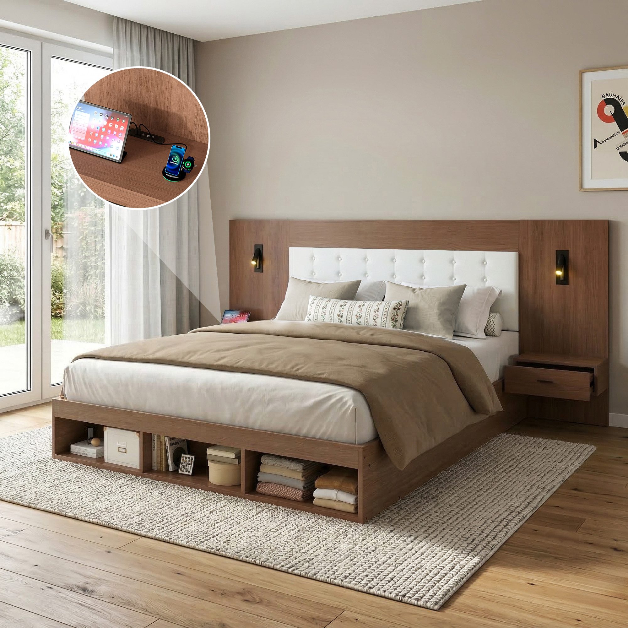 Holzbett Polsterbett 180x200 mit LED Leselicht & USB, Doppelbett mit Stauraum