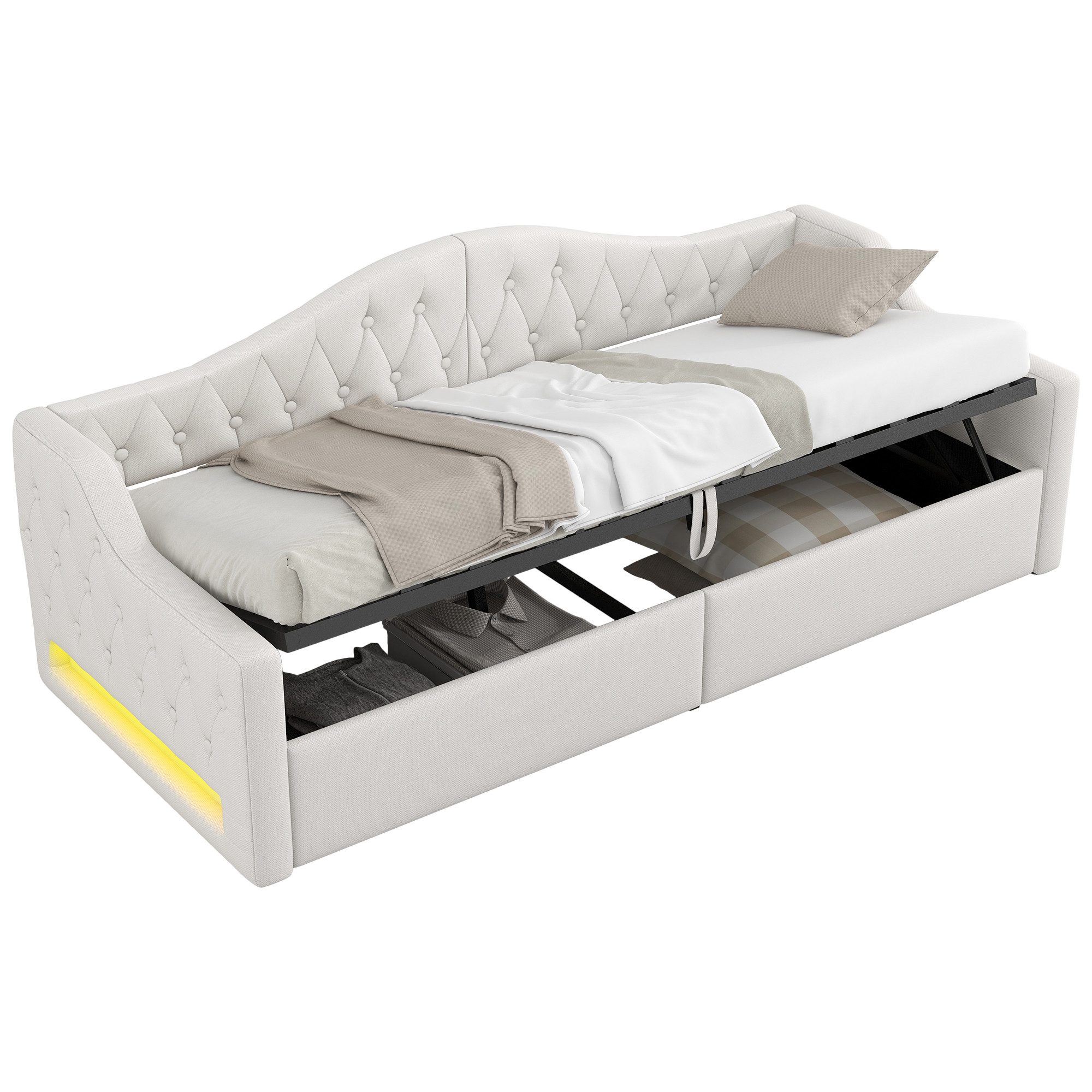 SOFTWEARY Schlafsofa mit Bettfunktion, 90x200 cm, Polsterbett mit LED-Beleuchtung, Lattenrost und Stauraum, Einzelbett, Stauraumbett, Leinen