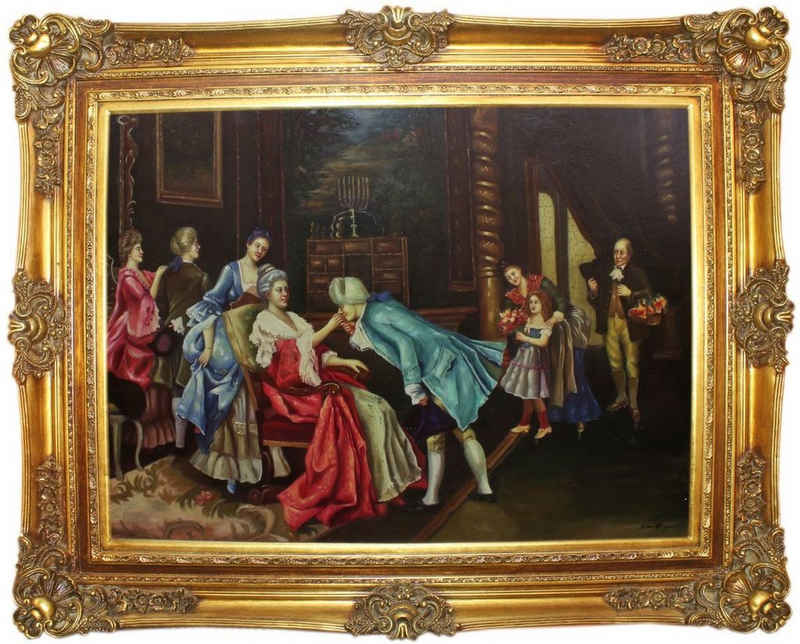 Casa Padrino Ölgemälde Barock Ölgemälde Der Geburtstag Mehrfarbig / Gold 160 x 10 x H. 130 cm - Handgemaltes Gemälde mit prunkvollem Rahmen im Barockstil - Wanddeko im Barockstil
