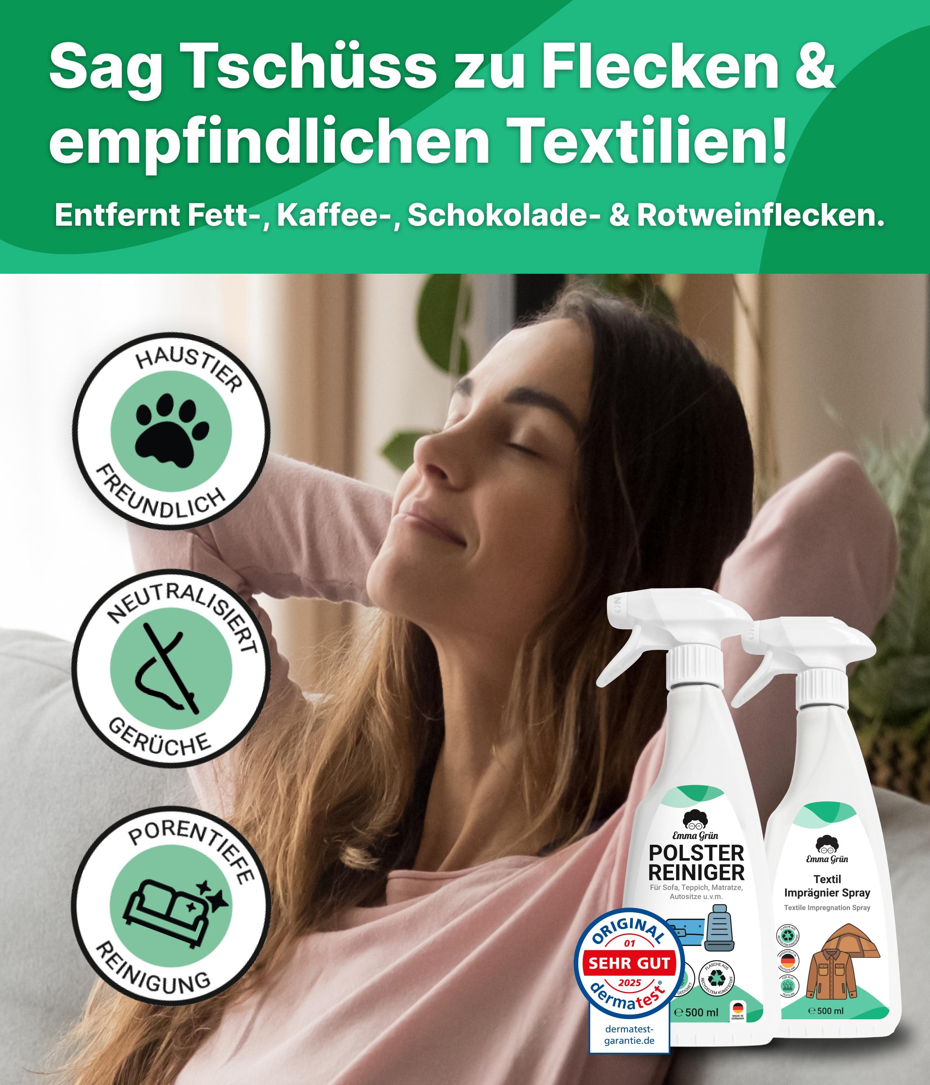Emma Grün Sofa Reiniger 500 ml mit Polsterbürste Polsterreiniger (für Sofas & Autositze, stark gegen Gerüche & Flecken, aus Deutschland)
