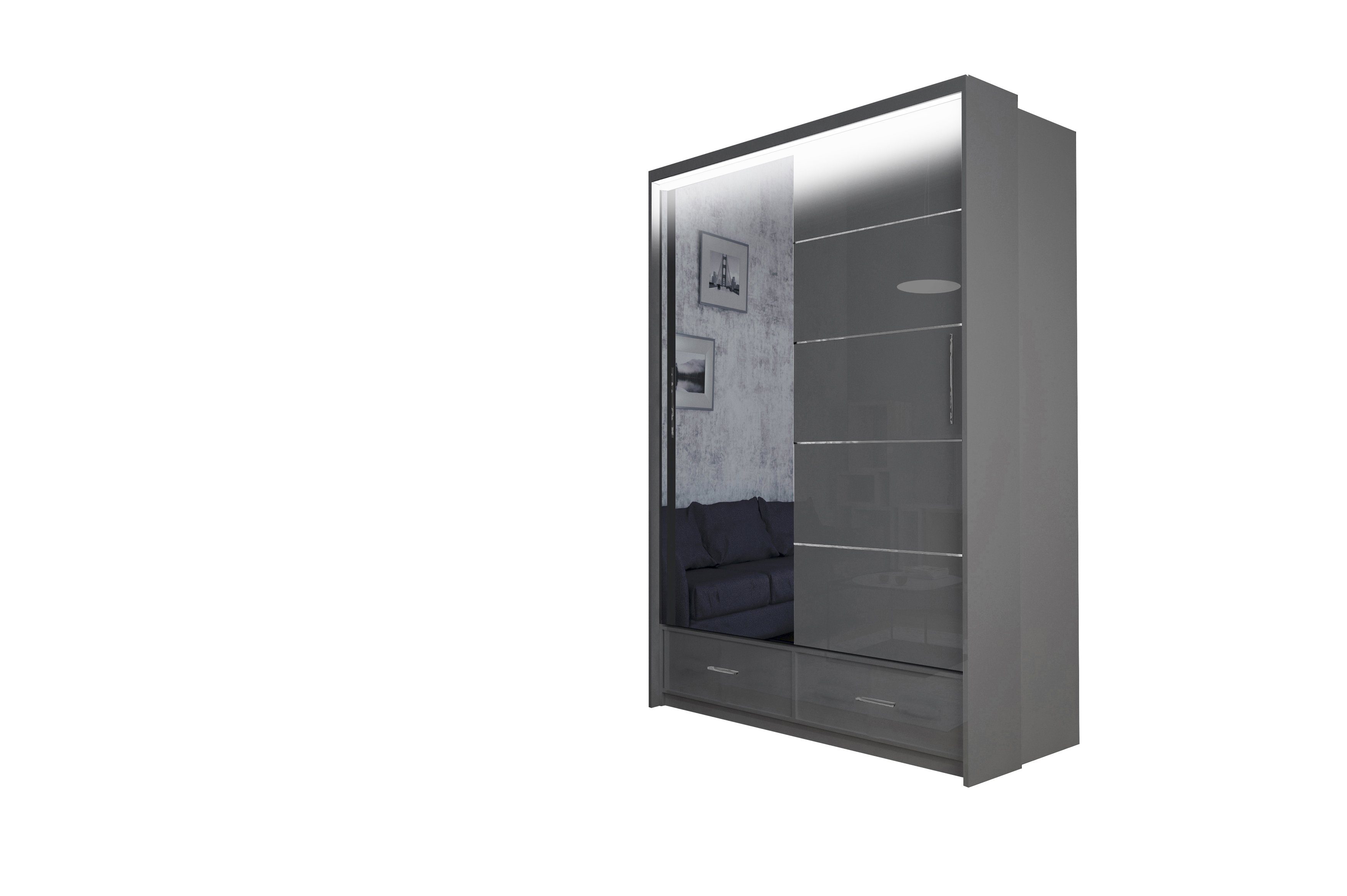 MOEBLO Kleiderschrank Cylia (Schwebetüren, grau/schwarz/weiß Schwebetürenschrank 2-türig Schrank Garderobe Schiebtüren Schlafzimmer, mit LED-Beleuchtung Kleiderschrank mit Schubladen und Spiegel) (BxHxT):153/203/253x220x66cm