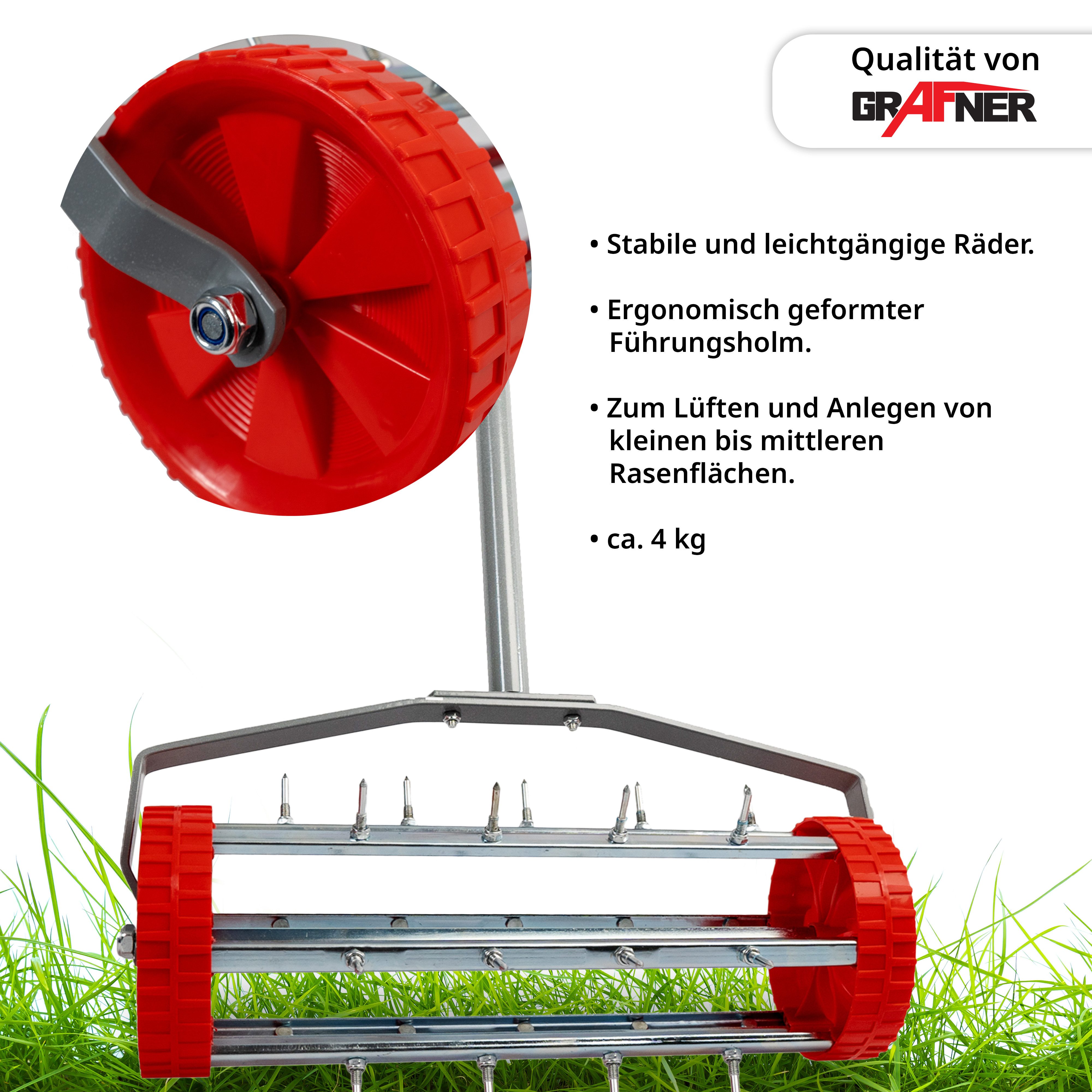 Grafner Rasenlüfter Rasenlüfter Walze Vertikutierer Rasenrolle Rasenbelüfter, 44,00 cm Arbeitsbreite, (Stk, 1-tlg., 1), Vertikutier-Roller, mit Stiel – Bild 4 von 5