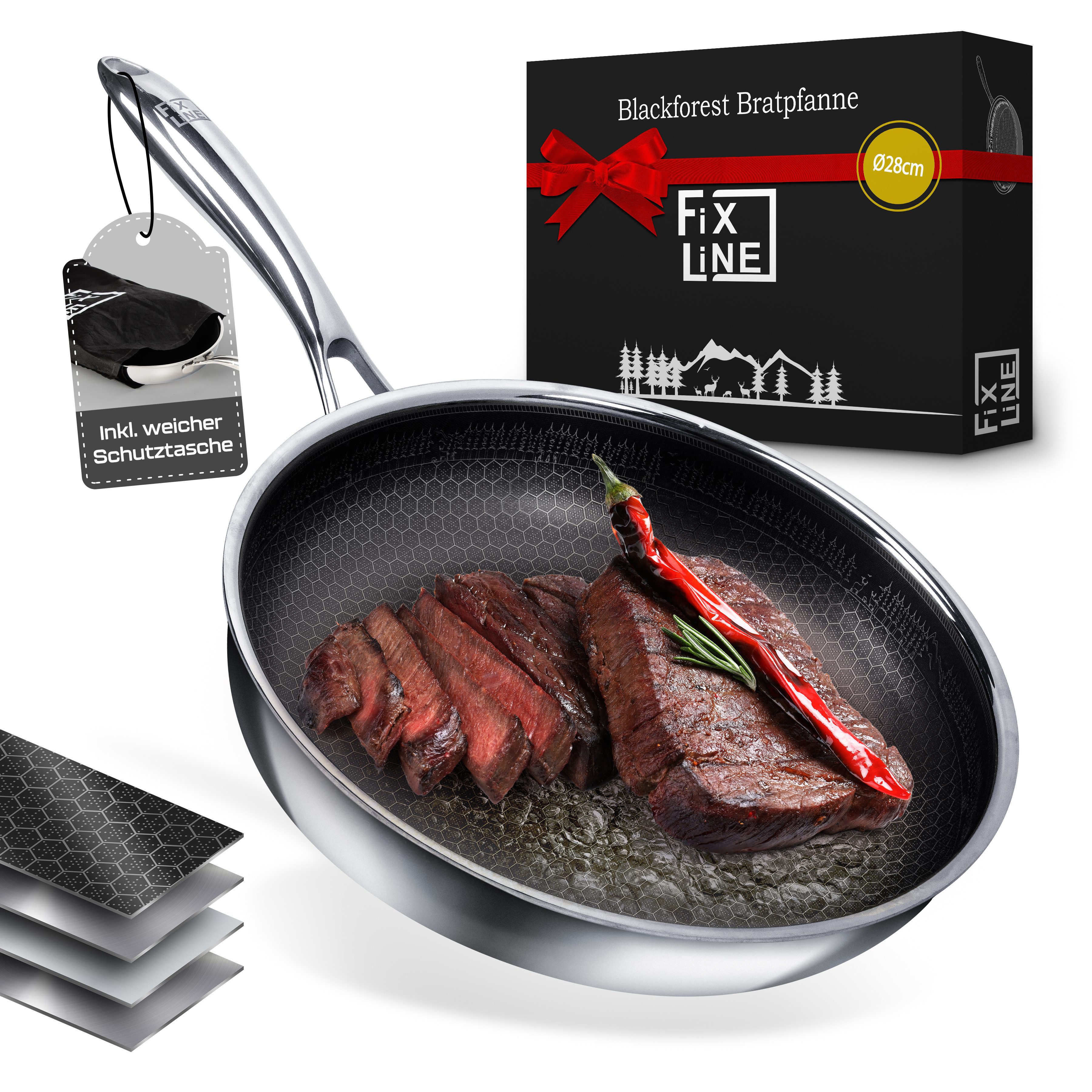 FIXLINE Bratpfanne 28cm BLACK FOREST Edition Kratzfeste Beschichtung Induktion, Edelstahl (Wabenboden, Pfanne), Perfekte Geschenidee