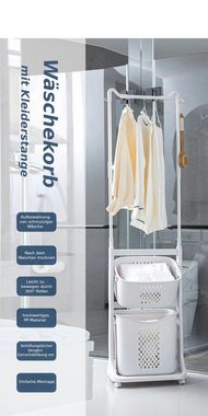 U.Uberlux Wäschekorb Wäschekorb 2 Fächer Wäschesammler Wäscheständer Kleiderständer, Wäschesortierer, mit Rollen, mit Kleiderstange, Plastik, weiß