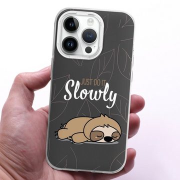 DeinDesign Handyhülle lazy sunday Sprüche Faultier Just Do It Slowly Sloth Grey, Apple iPhone 14 Pro Silikon Hülle Bumper Case Handy Schutzhülle