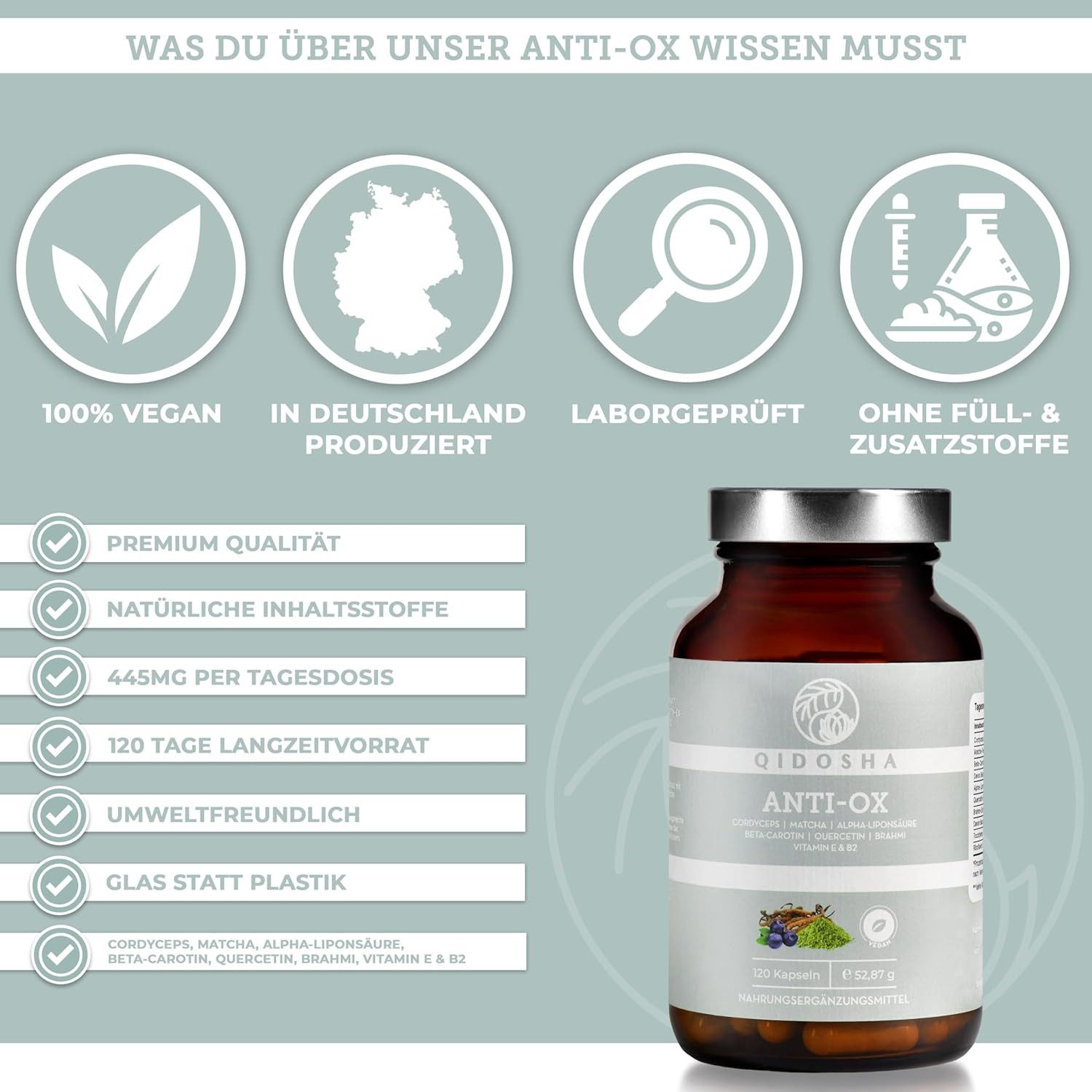 QIDOSHA Antioxidantien-Komplex ANTI-OX Kapseln, TESTSIEGER 01/2024*, mit Cordyceps sinensis Extrakt, R-Alpha-Liponsäure, Quercetin, Brahmi-Extrakt, Beta-Carotin sowie den Vitaminen C, E und B2 à 120 St., 52 g