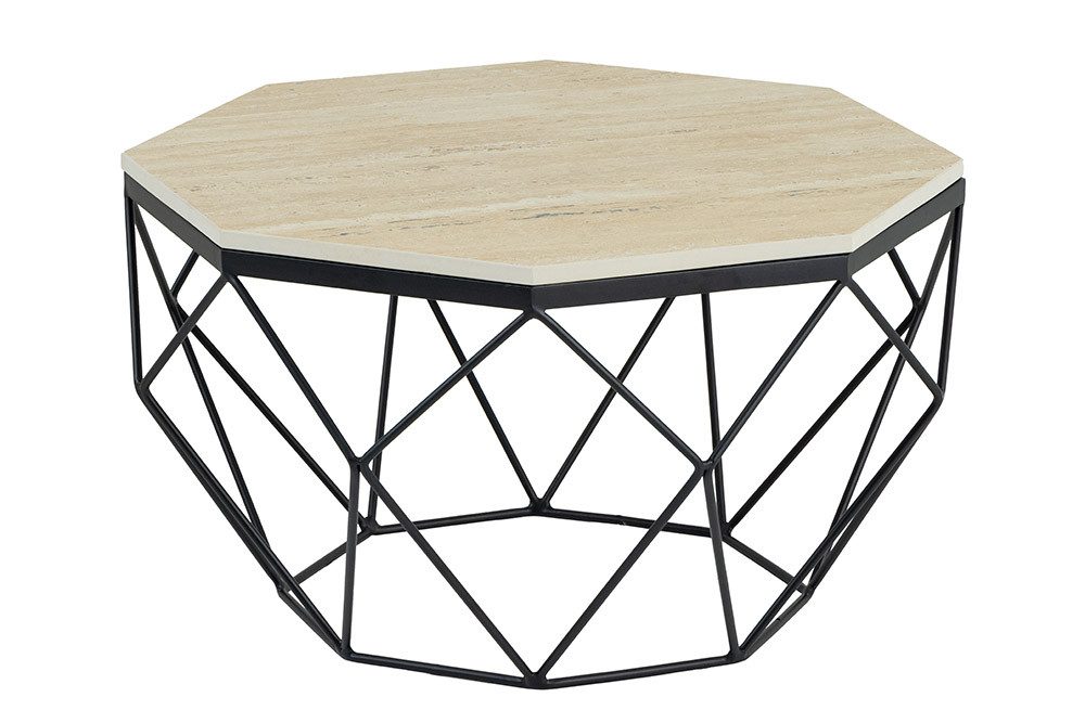 riess-ambiente Couchtisch DIAMOND 70cm beige / schwarz · Wohnzimmertisch aus Naturstein & Metall (Einzelartikel, 1-St), Travertin · handmade · Eisen · Boho · achteckig