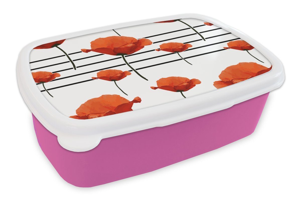 MuchoWow Lunchbox Musik - Mohn, Kunststoff, (2-tlg), Brotbox für Erwachsene, Brotdose Kinder, Snackbox, Mädchen, Kunststoff rosa