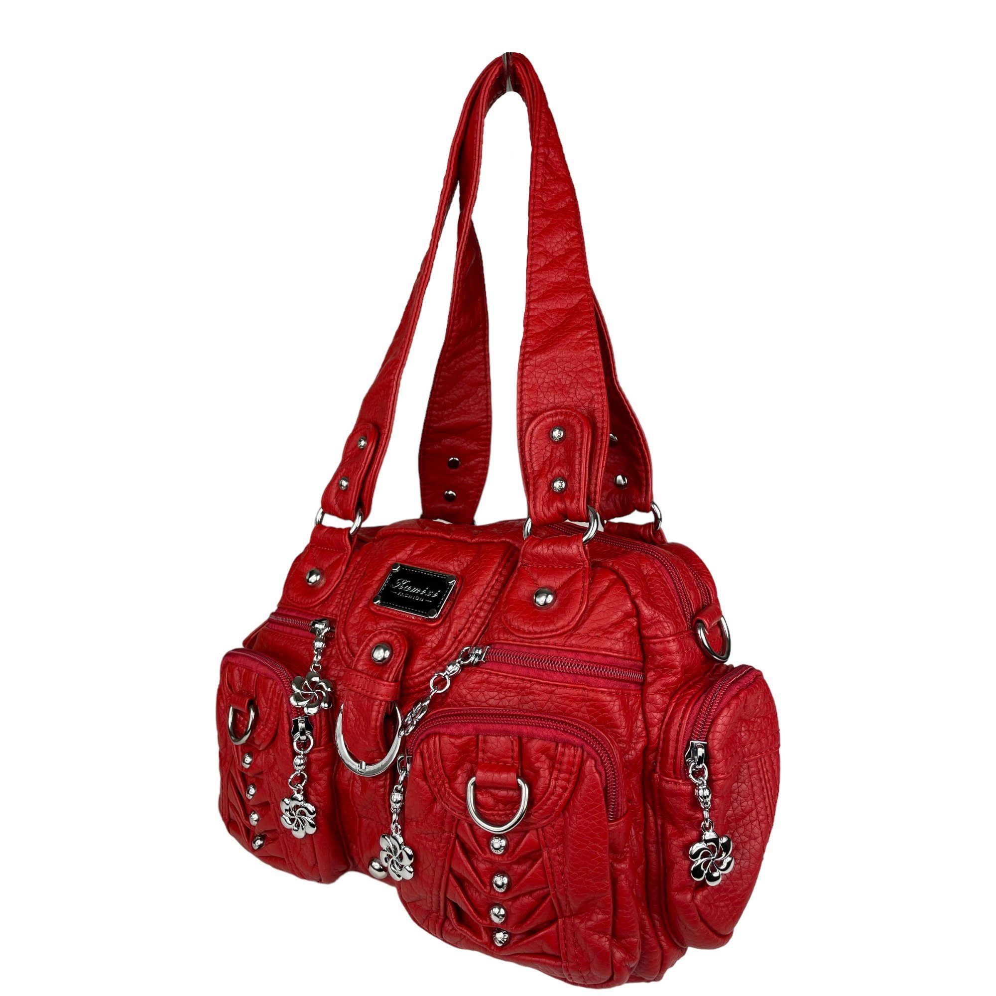 rot (Schultertasche) mit Fächer, viele Schulterriemen abnehmbarer Taschen4life verstellbarer klassische Schultertasche Damen Handtasche Nieten AKW22032,