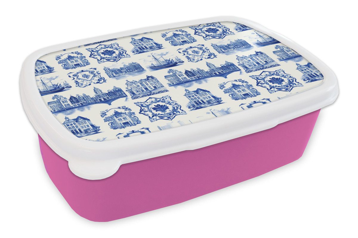 MuchoWow Lunchbox Häuser - Schiffe - Blau, Kunststoff, (2-tlg), Brotdosen, Lunch Box, Brotbox für Kinder und Erwachsene