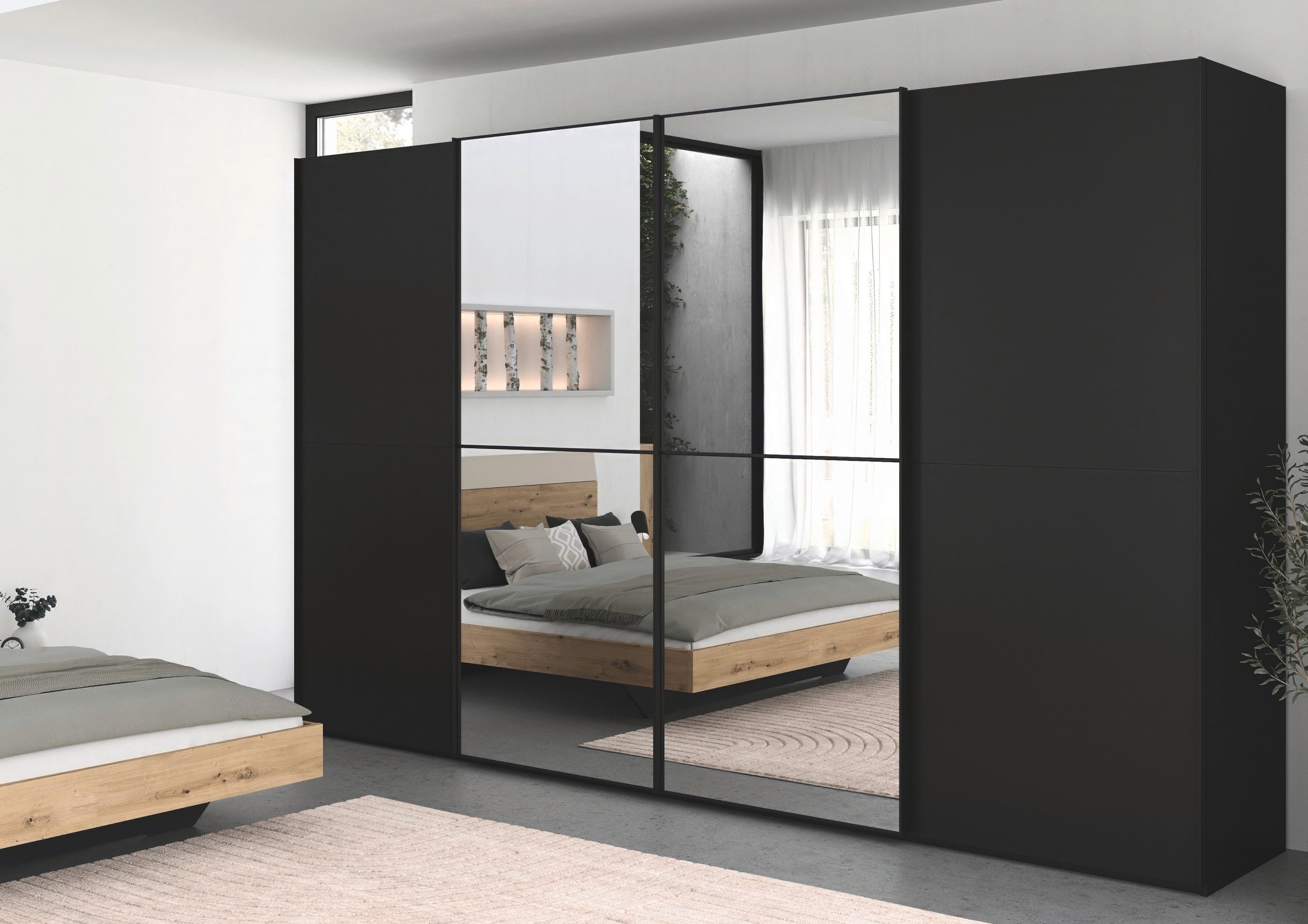 rauch Schwebetürenschrank Kleiderschrank Schrank Garderobe Schlafzimmerschrank SCALE-DUO edle zweigeteilte Türen, Spiegel und 3 Zierleisten MADE IN GERMANY
