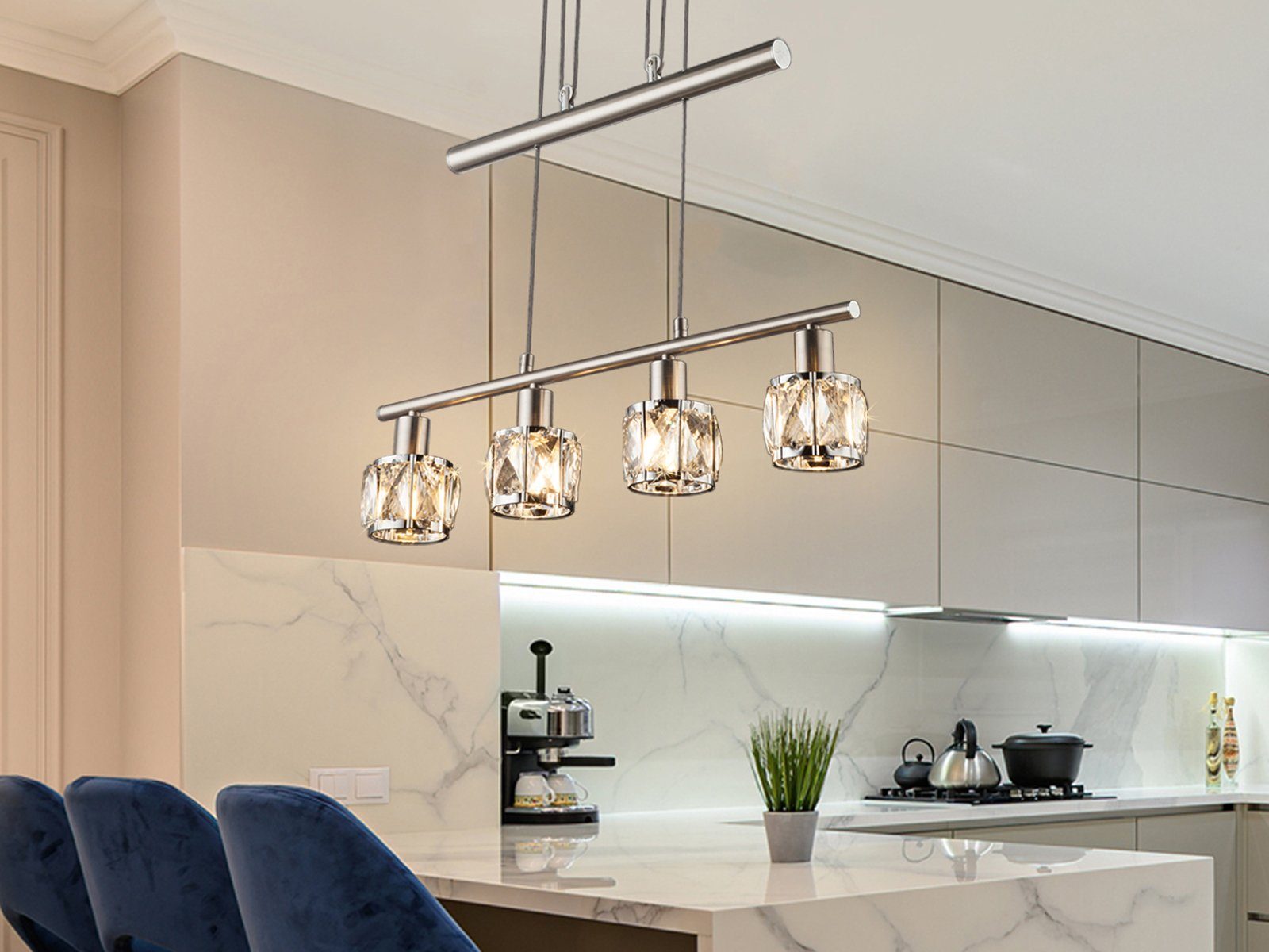 GLOBO LIGHTING LED Pendelleuchte, Dimmfunktion, warmweiß, mehrflammig 4x Kristall Lampen-schirm über-n Esstisch hängend, B: 60cm