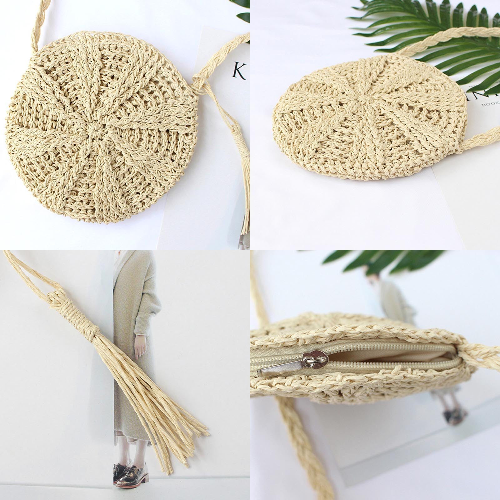 Zaewry Strandtasche Vintage Strandtasche Strand Stroh Handtasche Rund Crossbody Tasche, für Damenreisen und Urlaub – Bild 5 von 5